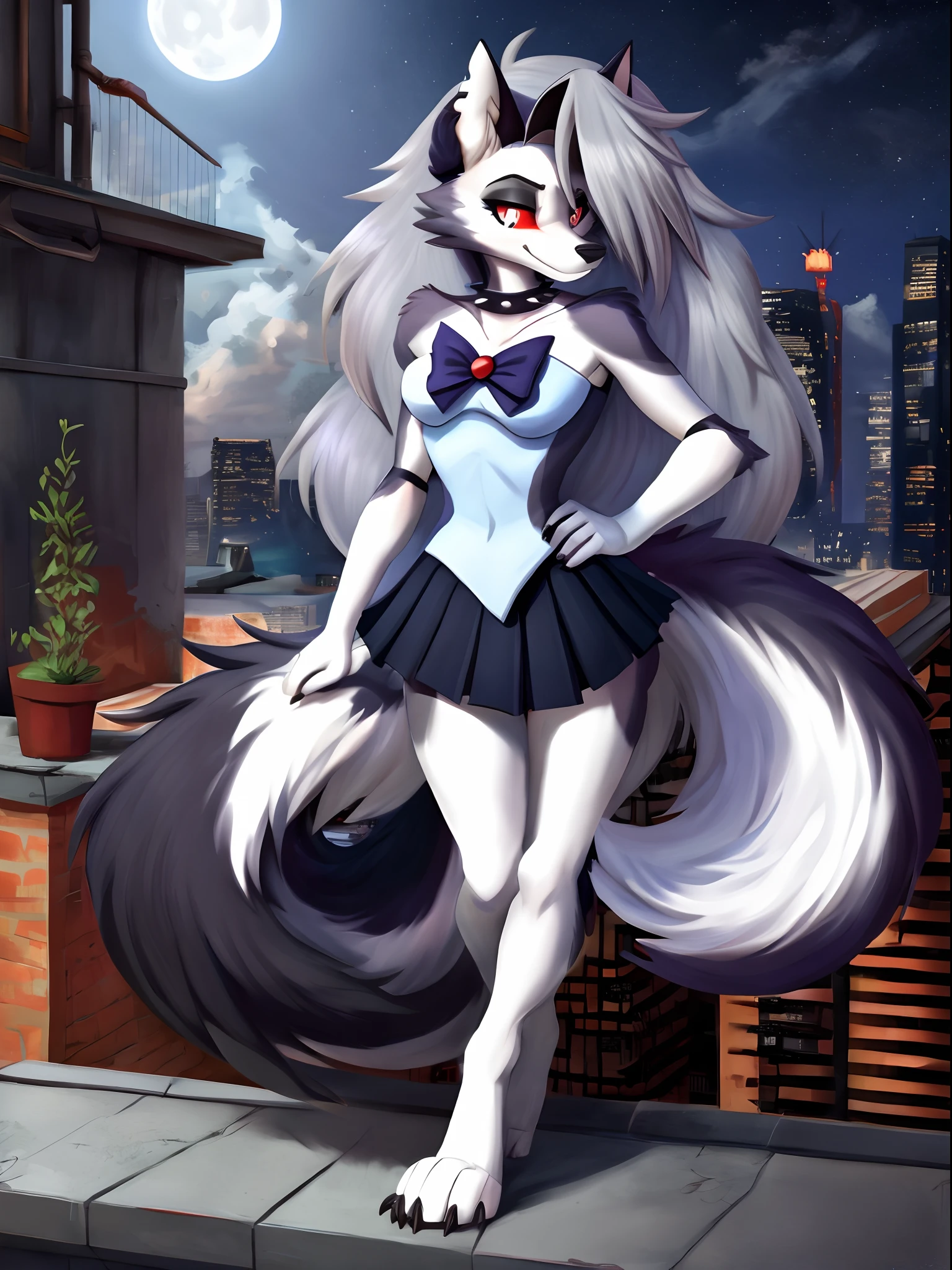 1girl, ((loona hellhound:1.2)) (furry:1.2), (fluffy:1.1), (anthro:1.2), (snout:1.2), smile, spiked collar, long hair, (loonasailorsenshiunifrom:1.1), (slit pupils:1.1, white eyes:1.1, red sclera), rooftop, plants, urban, masterpiece, best quality, highres, sv1, sailor senshi uniform, elbow gloves, tiara, black bow, black sailor collar, white gloves, jewelry, white leotard, black sailor skirt, sailor_moon pose