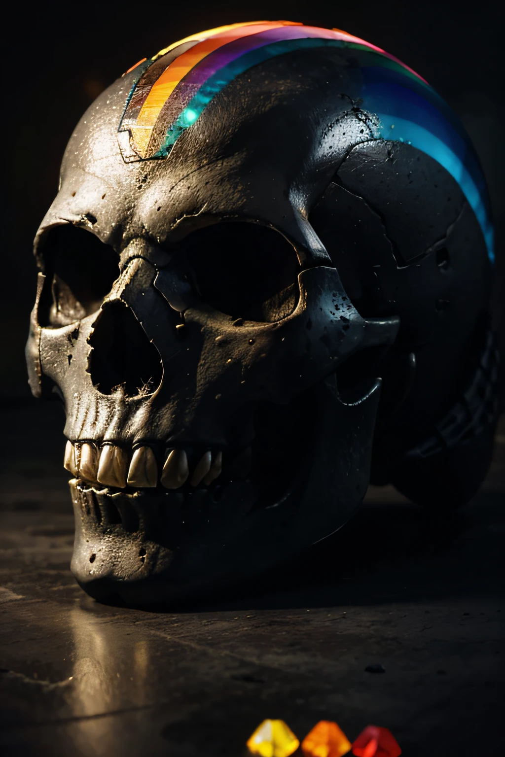 A predator skull like in the films of the same name, but in crystal with lots of color reflections like a rainbow