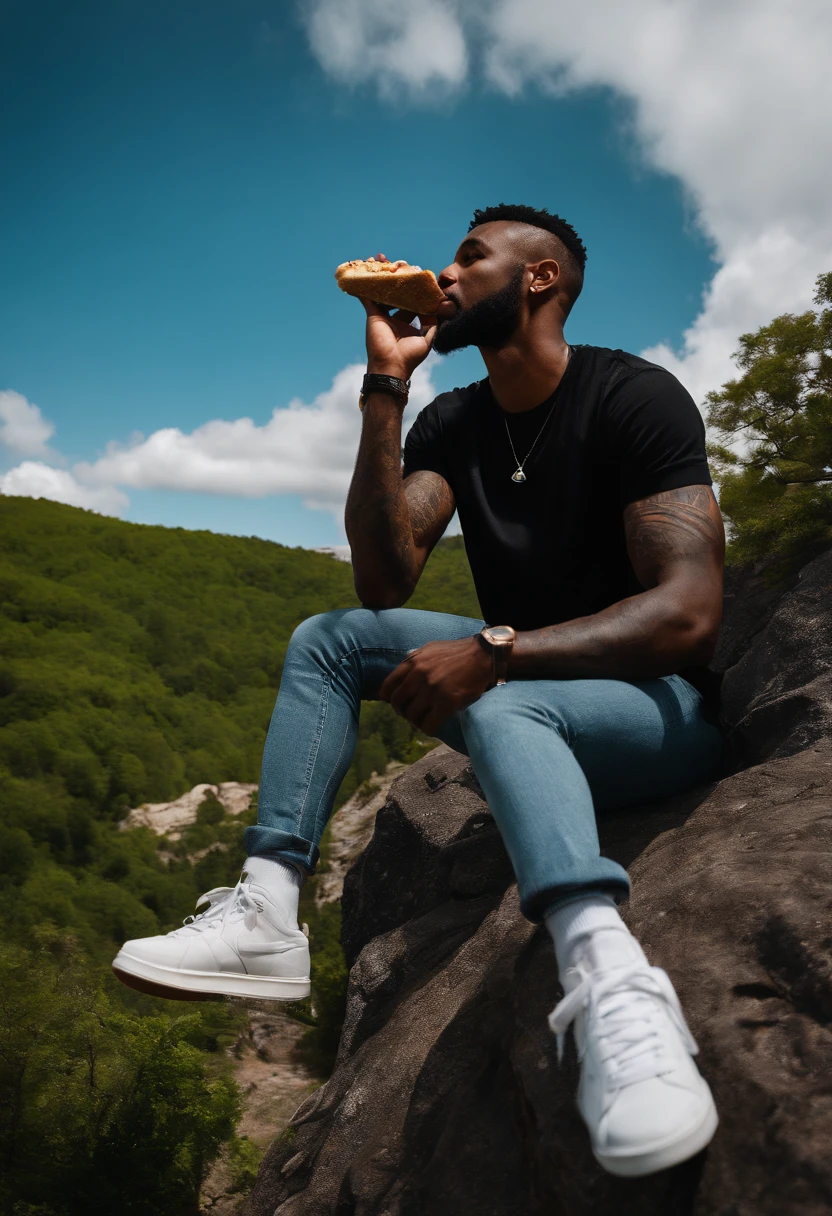 A high-quality, realistic image of a black man with tattoos sitting on the edge of a high cliff. The image is viewed from below, looking up at the man. The man is wearing white sneakers and is eating a snack. The background is a lush green forest, with a clear blue sky above.
The man is in his early 30s, with short black hair and a beard. He is wearing a black t-shirt, jeans, and white sneakers. He has a number of tattoos on his arms and chest.
The man is sitting on a large rock, with his legs dangling over the edge of the cliff. He is eating a sandwich, and he has a bottle of water in his hand. He is looking out at the view, with a peaceful expression on his face.
The cliff is located in a lush green forest. The trees are tall and full, and the leaves are a deep green color. The sky is clear and blue, and there are a few puffy white clouds in the distance.
The image is well-lit, with a soft, natural light. The colors are vibrant and realistic. The image is sharp and detailed.