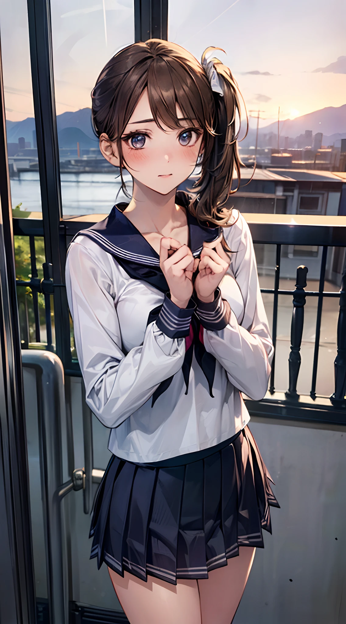(((perfect anatomy, super detailed skin))), (masterpiece:1.2, top-quality), (realistic, photorealistic), beautiful illustration, 
looking at viewer, cowboy shot, front view:0.8, 
1 girl, japanese, high school girl, (long hair:1.5), light brown hair, (side ponytail:1.7), large breasts:0.8, 
beautiful hair, beautiful face, beautiful detailed eyes, beautiful clavicle, beautiful body, beautiful chest, beautiful thigh, beautiful legs, beautiful detailed fingers, five fingers, 
(beautiful scenery), , school,
((cute school uniform, long sleeves, pleated skirt, sailor collar, scarf)), white panties, 
standing, skirt lift by myself, embarrassed,