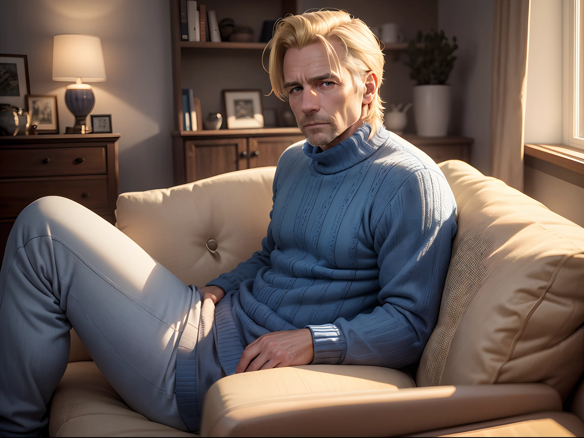 realistic 8k image of a 42-year-old man, short, well-combed blond hair, rigid expression, dressed in a blue sweater, sitting in an armchair in a living room, German house, winter morning, anime style art
