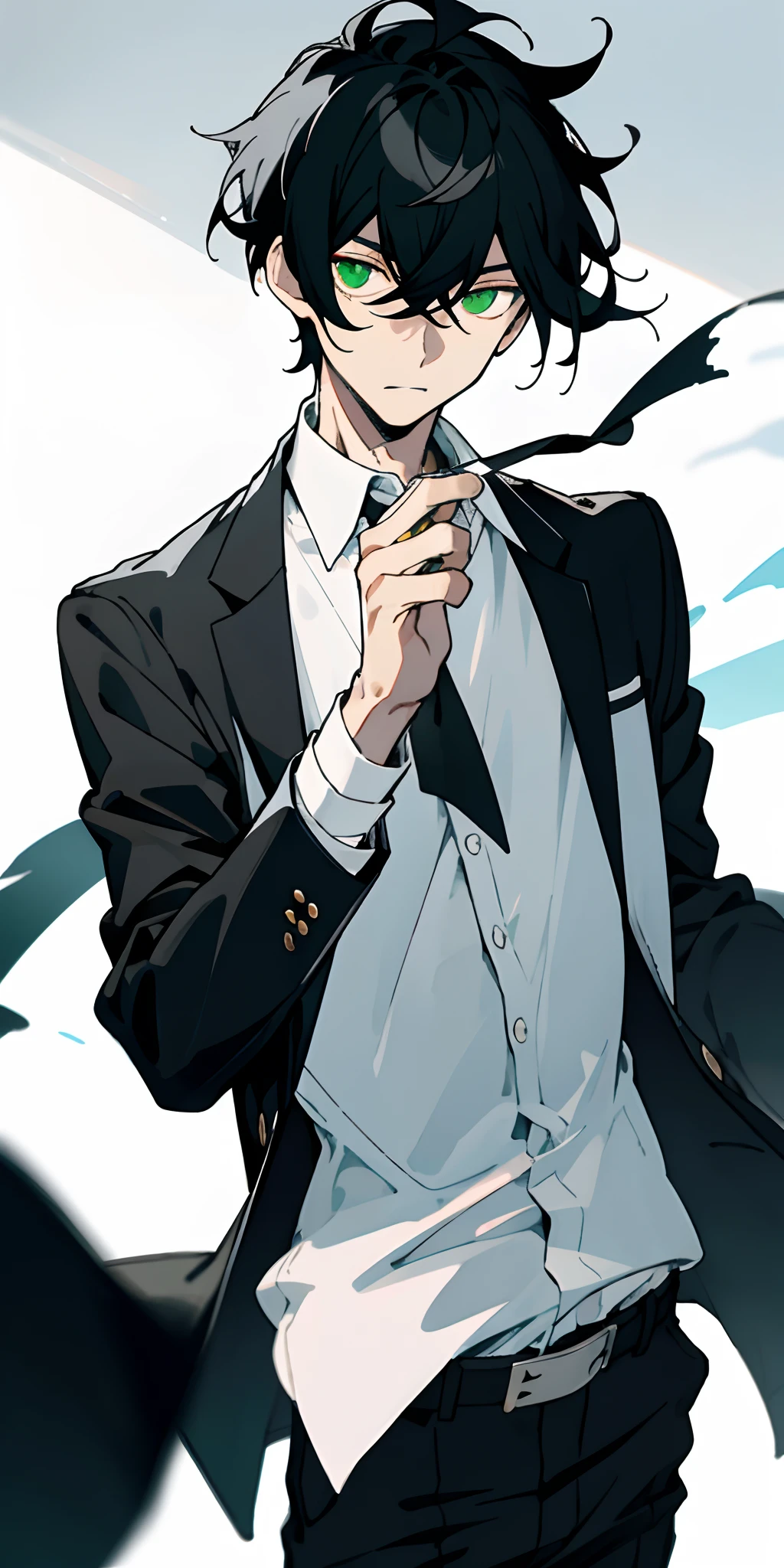 black hair ,green eyes,hair between eyes, short hair,White collared shirt,black jacket, Flat color,sharp outline,Warm lighting,blurred foreground,boy
