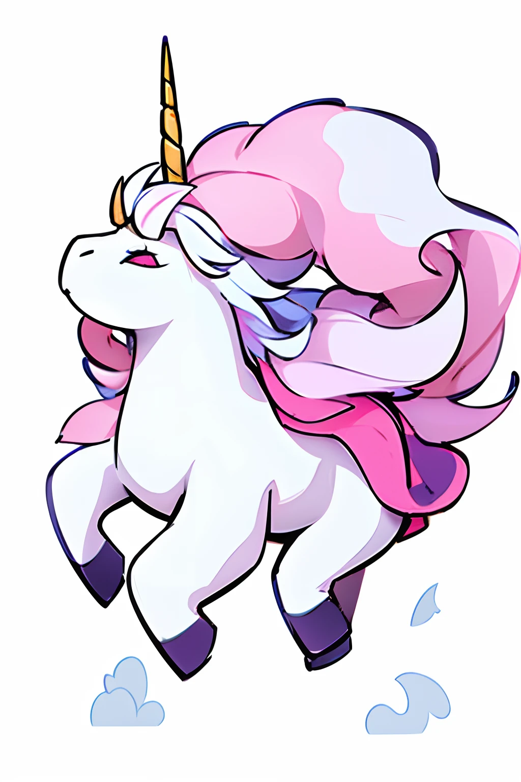 a unicorn with a white body and a small pink mane with just one horn in the middle of its head and very cute, just a simple unicorn looking like a horse