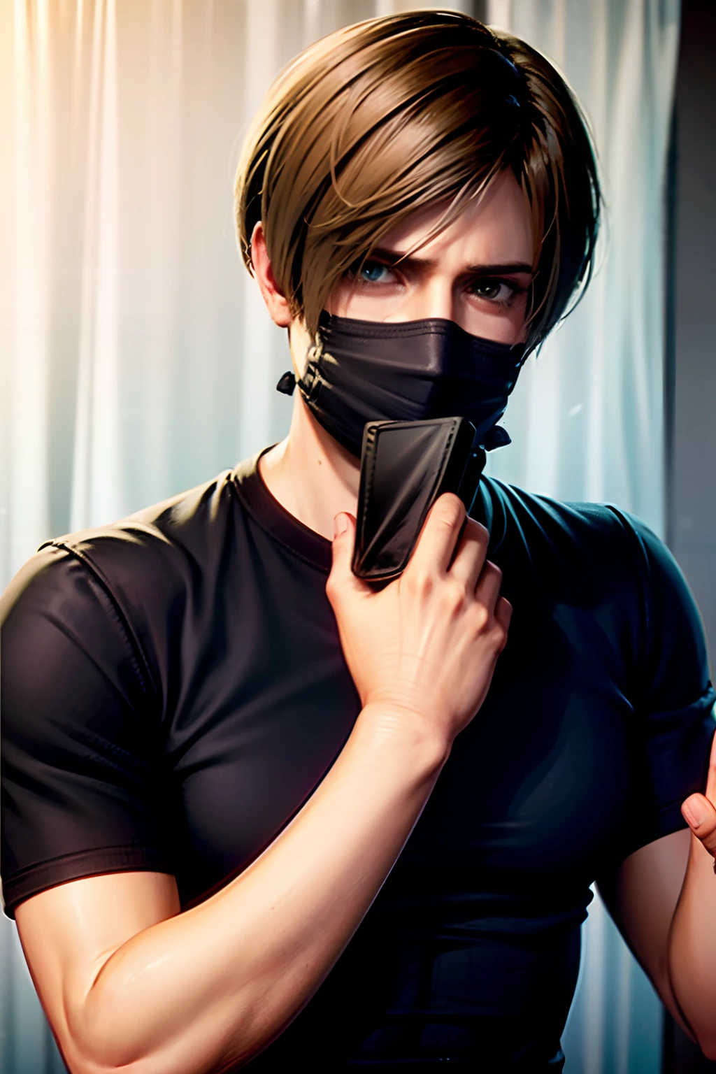 1 boy, cowboy shot re4leon, leon S. Kennedy from the movie "Resident Evil 4", black shirt, covers his face with his hands, crying, portrait, curtain hairstyle, sports