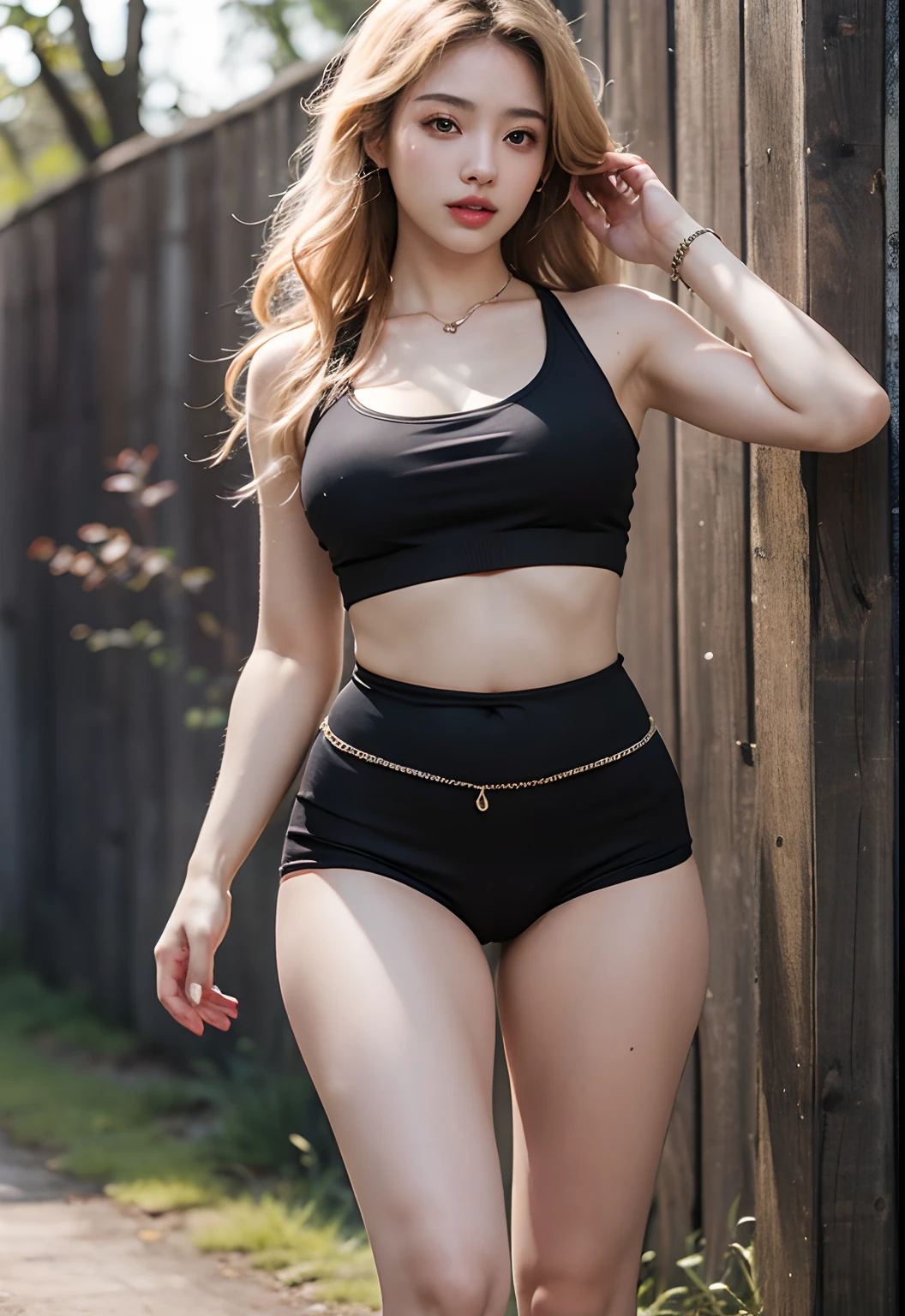 Best Quality,masutepiece,超A high resolution,(Photorealistic:1.4),(1girl in:1.3),Outdoors,(Half body:1.5),1 girl,Long wavy hair,Open chest,Full body,Open chest,Tank top, Dusk, Navel piercing, a blond,