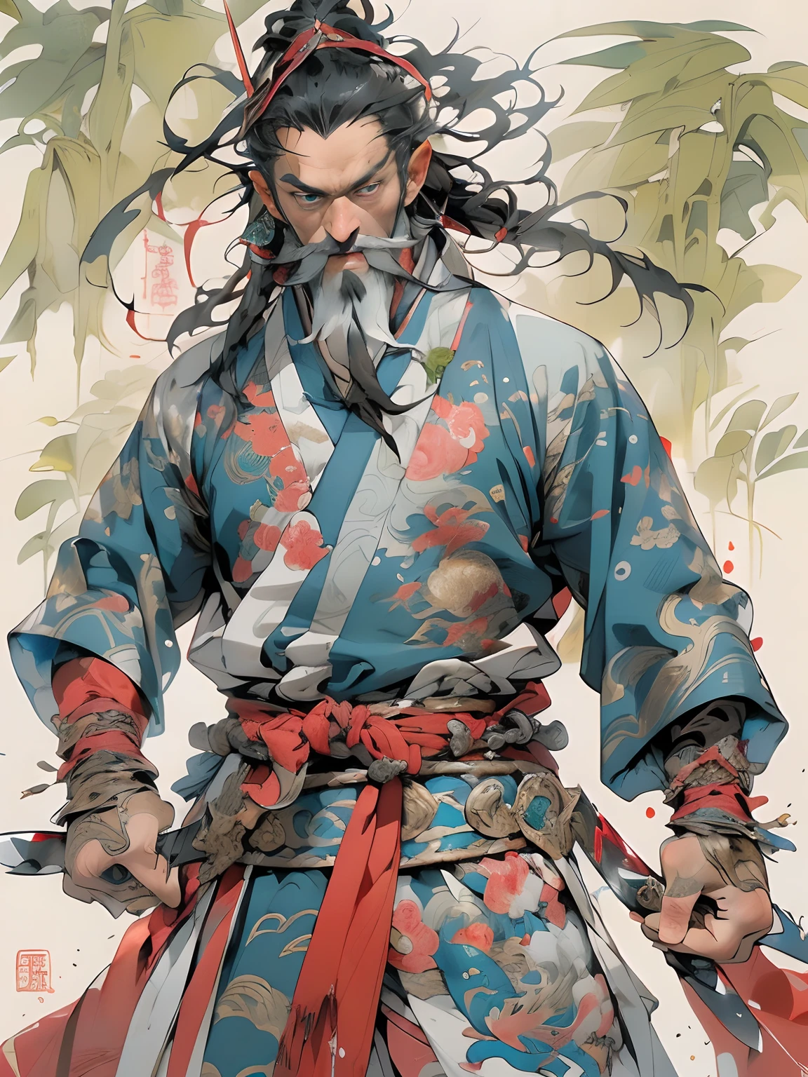 (((Estilo chino，Ink painting method，retrato de medio cuerpo，color intenso，Han Dynasty, China，Hanfu，gran armadura samurai roja, armadura，Guan Yu，Guan Yunchang，de un chico corpulento，Ruddy matando cara cuadrada，Sostenga el cuchillo Blue Dragon Moon en su mano derecha，Acaricia tu barba con la mano izquierda，calvo，sin pelo en la cabeza, ojos mezquinos，red robe))), (((mejor calidad))), (((tmasterpiece))), (((COMO ADULTO))), ((( Japanese ))), Mira hacia arriba desde las rodillas, Handsome Asian samurai，Figura corporal perfecta, Samurai Moderno, ((( Asie guantes en sus manos，The left arm is made of steel and metal tips，Made of protective devices, Los ojos se tiran, (( Aparece debajo del pecho )), (( Small floss )), Simon Bisley, casi desnudo（Simon Bisley）Desierto de la ciudad del castillo，For high-resolution posters, cabello lacio, Minimum clothing, armadura (Ropa loca ), lleno de puntas y remaches, tatuajes tribales, (((cuerpo completosbian))), cabello lacio moreno，dyed tips