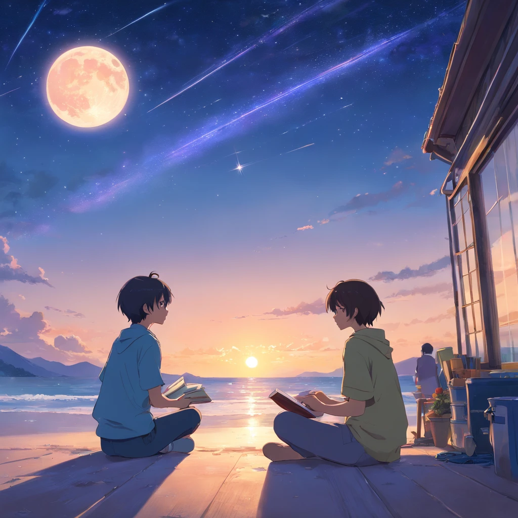 Wallpapers，tmasterpiece，best qualtiy，cinematic Film still from，Boys and girls sit together，Boy doing homework by the window，The girl looked at the starry sky，Look at the sea in front of you，A full moon，autumnal，beachside