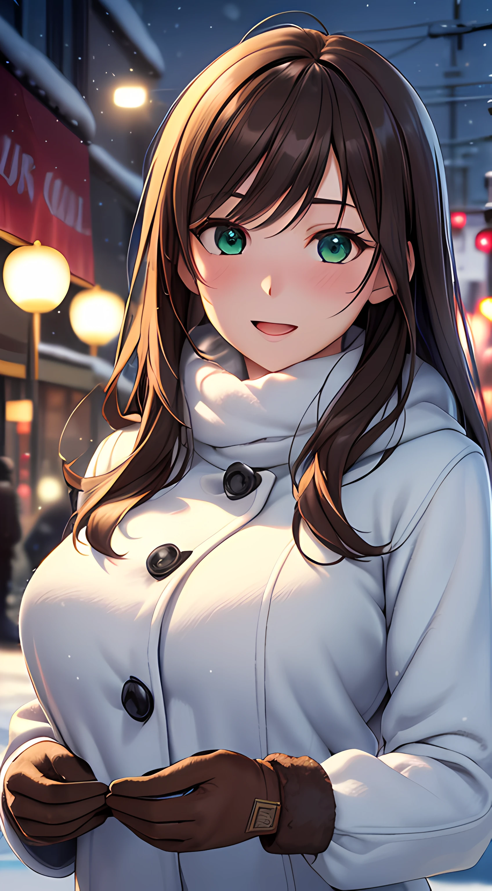 ((masterpiece, best quality, highres, UHD, perfect pixel, depth of field, 4k, RTX, HDR)), 1girl, single, solo, 24 years old, beautiful anime girl, beautiful artstyle, anime character, ((long hair, parted bangs, brown hair)), (green eyes:1.4, rounded eyes, beautiful eyelashes, realistic eyes), (detailed face, blushing:1.2), (smooth texture:0.75, realistic texture:0.65, photorealistic:1.2, cinematic, anime CG style), medium breasts, perfect body, busty, (dynamic angle, pov, close up), ((winter clothes, long coats, mittens, gloves, long underwear)), night, night lamp, city lights, bokeh:1.4, (outdoor, city buildings, crowd), ((winter, snow, snow crystal, winter pine trees)), sly smile, open mouth