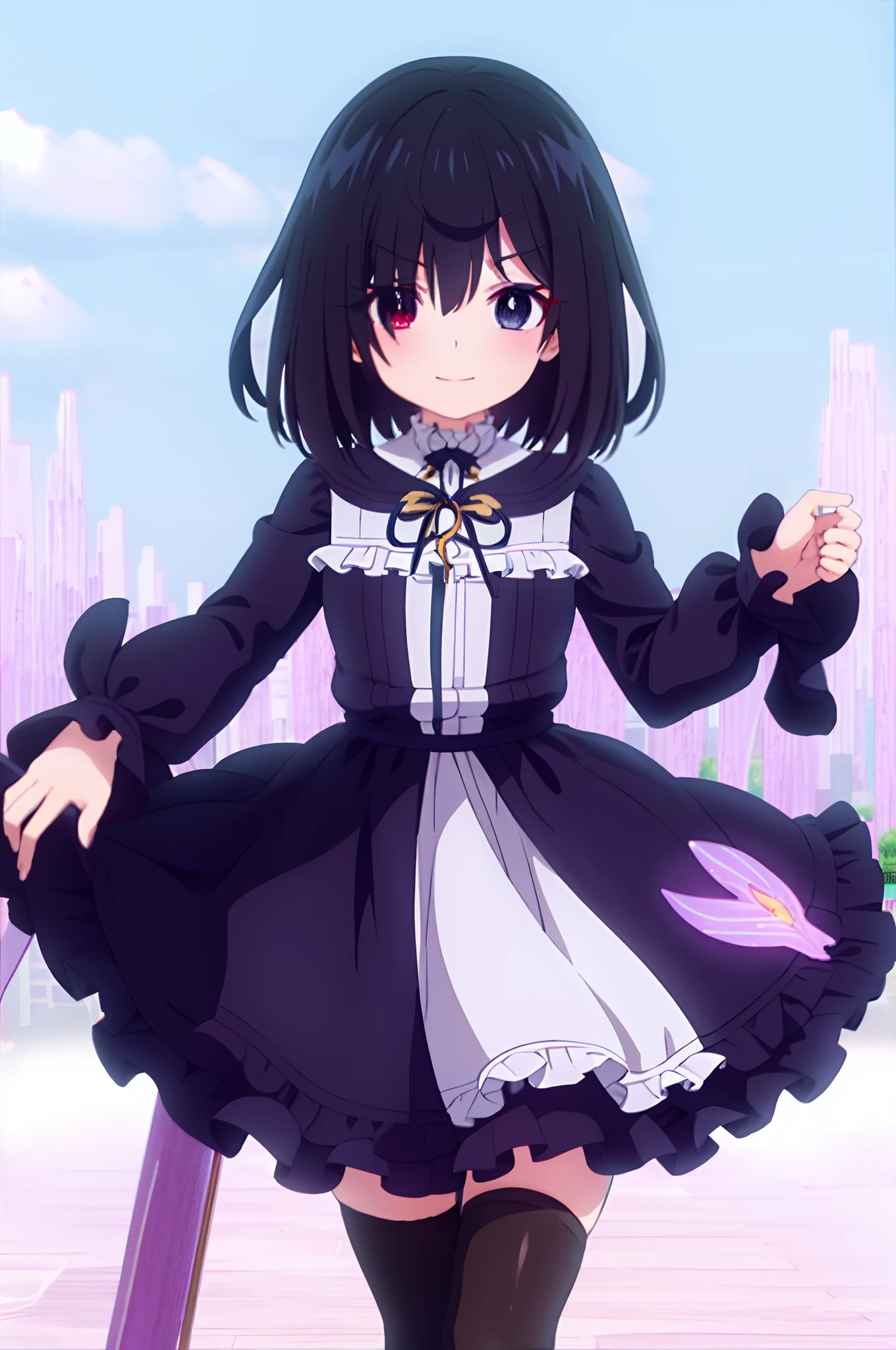 shiina_tsumugi, 1girl, bangs, blue eyes, red eyes, eyes visible through hair, hair between eyes, heterochromia, short hair, black hair, standing, hair over one eye, long sleeves, frilled dress, black dress, black thighhighs, cowboy shot, arms behind back, masterpiece, smile, ((upper body)), outdoors, facing viewer, flower field,