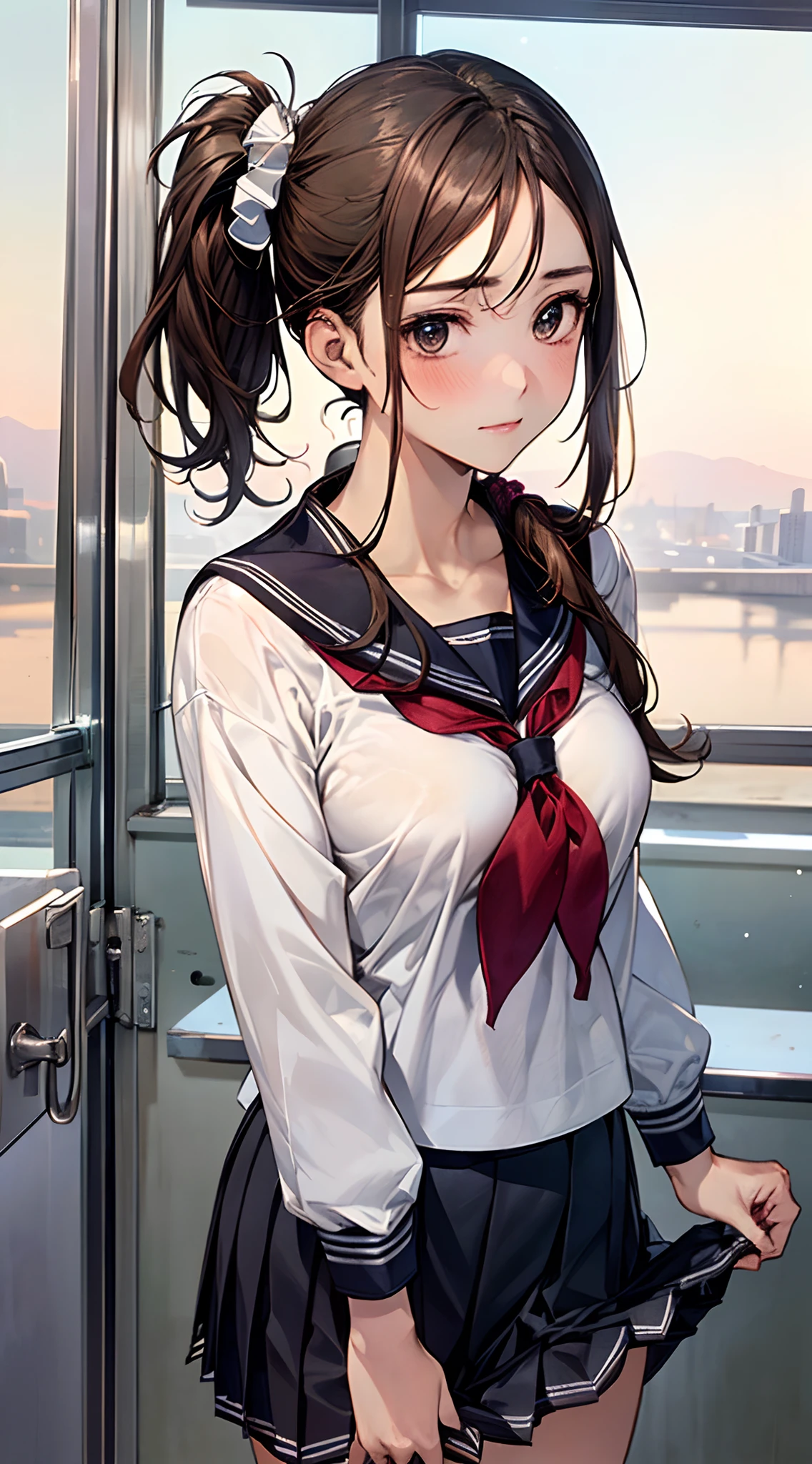 (((perfect anatomy, super detailed skin))), (masterpiece:1.2, top-quality), (realistic, photorealistic), beautiful illustration,
looking at viewer, cowboy shot, front view:0.8,
1 girl, japanese, high school girl, (long hair:1.5), light brown hair, (side ponytail:1.7), large breasts:0.8,
beautiful hair, beautiful face, beautiful detailed eyes, beautiful clavicle, beautiful body, beautiful chest, beautiful thigh, beautiful legs, beautiful detailed fingers, five fingers,
(beautiful scenery), , school,
((cute school uniform, long sleeves, pleated skirt, sailor collar, scarf)), white panties,
standing, skirt lift by myself, embarrassed,