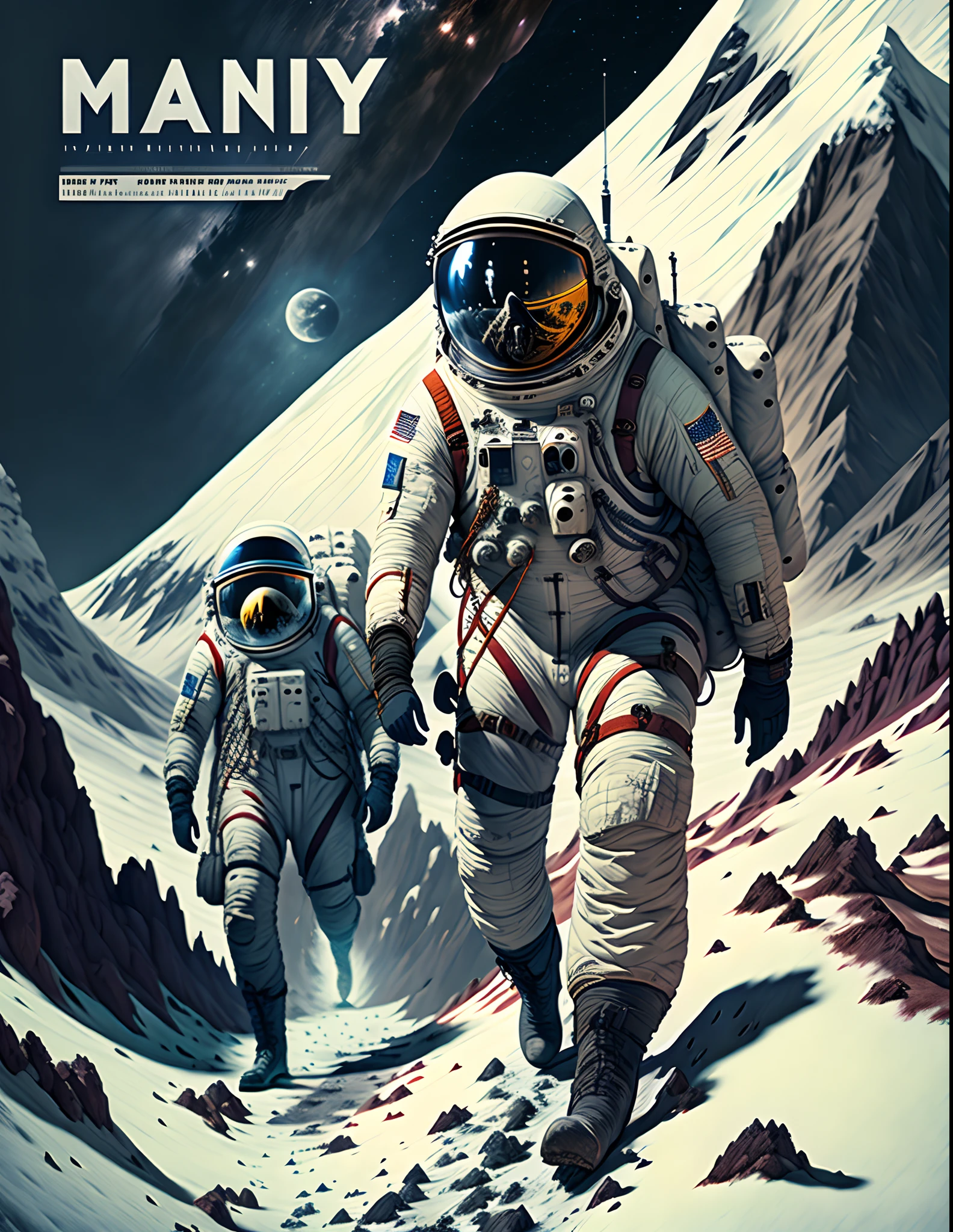 （Astronauts climbing snowy mountains, on the moon, rocks, desolation, the vastness of the universe,），（climbing），（Background with：Moon，A planet）, lonely astronaut, detailed astronaut, fully space suited, （In the vast universe），（on moon;1.37）, key art, inspired by Yoshihiko Wada, Official poster, character poster, promotional poster art, promotional movie poster,
key art, stefan koidl inspired, Inspired by Władysław Stžeminski, Cinematography concept art, inspired by Mike Winkelmann, weta, inspired by Marius Borgeaud, author：Matthias Koroth