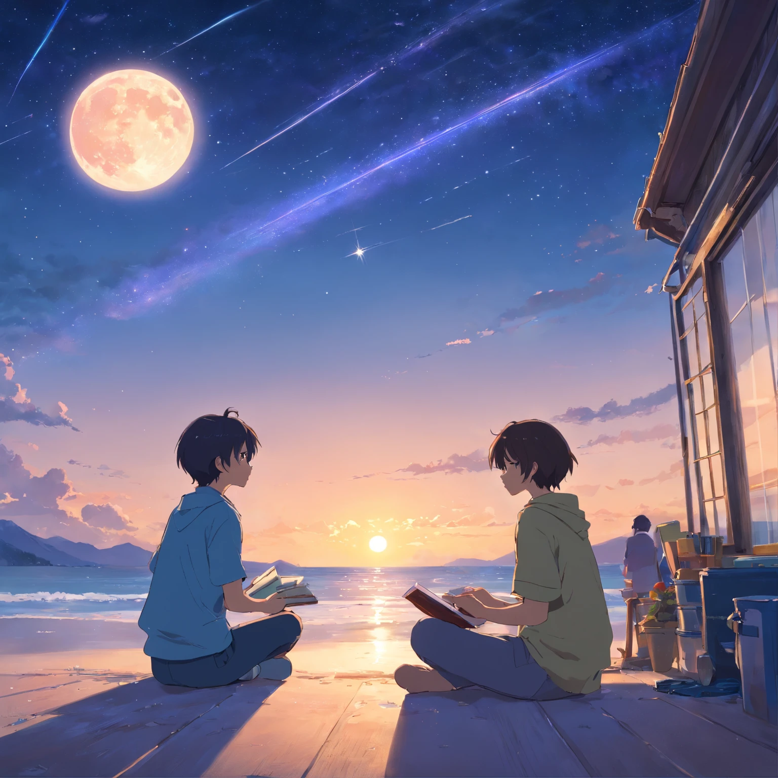 Wallpapers，tmasterpiece，best qualtiy，cinematic Film still from，Boys and girls sit together，Boy doing homework by the window，The girl looked at the starry sky，Look at the sea in front of you，A full moon，autumnal，beachside