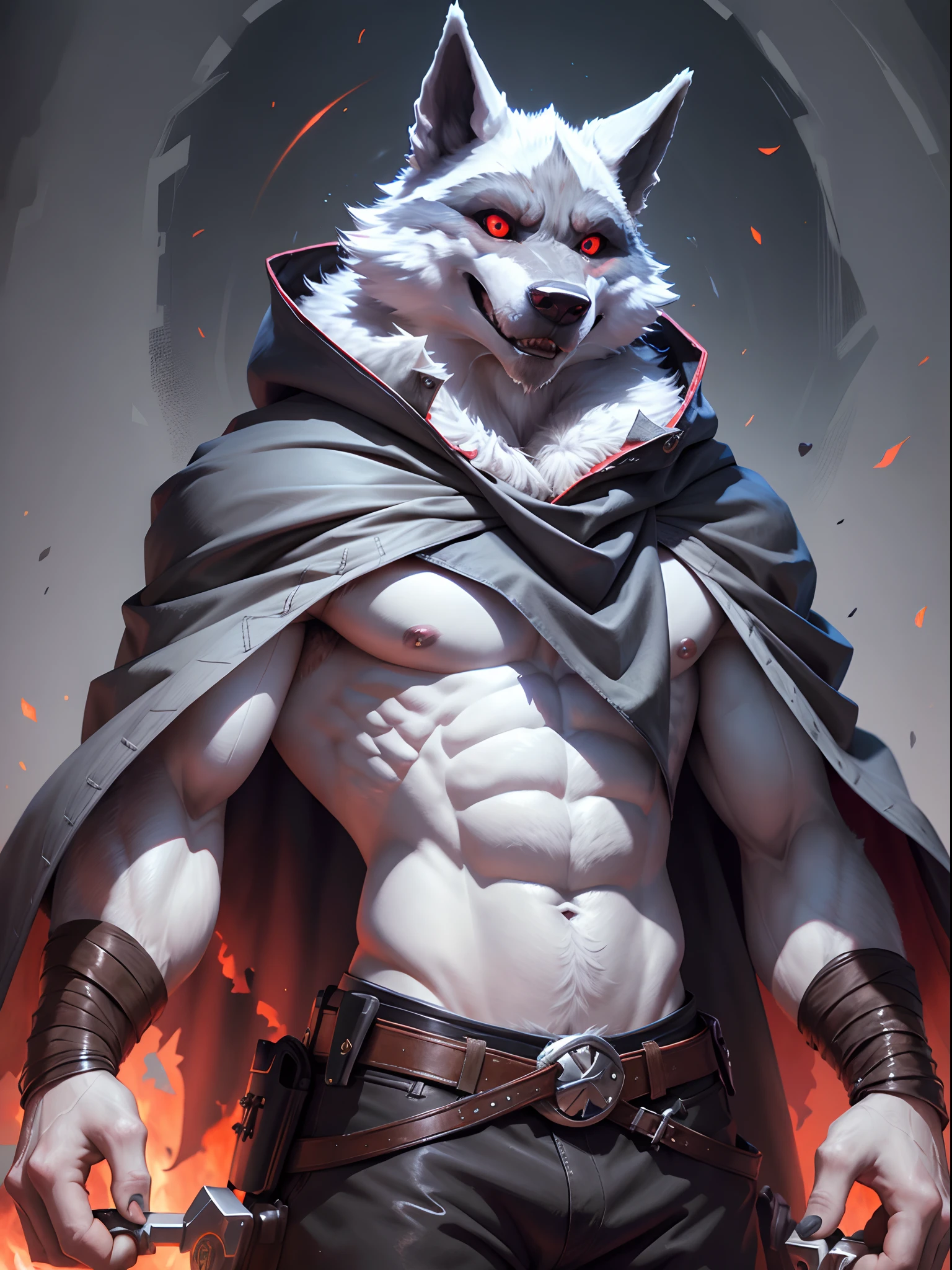 (The ultimate death wolf) best quality, ultra high res,1furry boy， solo，detailed eyes, volumetric lighting, amazing, finely detail, cowboy shot, cloak , white fur, red eyes, white sclera, bright pupils, bright atmosphere, muscular, upper body, from below