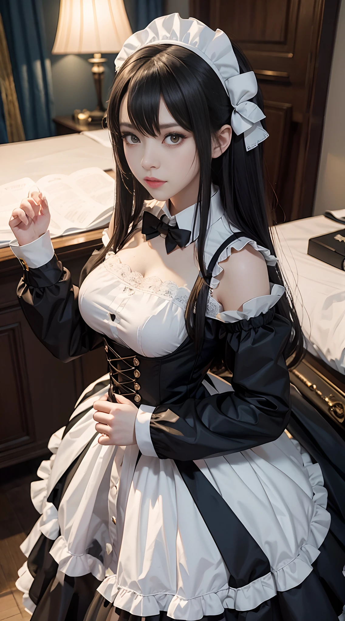 (Close-up:1.4)、(RAW shooting:1.2)、(photorealistic:1.4)、(masterpiece:1.3)、(highest quality:1.4)、solo、7 head and body、(slender and beautiful girl)、cute、(beautiful detailed eyes)、(charming big eyes)、(beautiful double eyelids)、(beautiful and detailed face)、(gentle smile:1.2)、(big breasts:1.2)、(cleavage)、(erect nipples:1.2)、(full body shot)、8K、(muste piece:1.2)、(twin tails:1.3)、(Bangs Patsun)、(headdress、white blouse、black ribbon、ruffle skirt、puff sleeves、collar、choker、white apron with fine frills:1.3)、White Knee High Socks、black maid costume、(Sexy model pose with chest sticking out:1.3)、cowboy shot、view audience、(small butt)、(hide your hands)、(beautiful thighs)、cute系、(perfect anatomy:1.2)、ancient city、