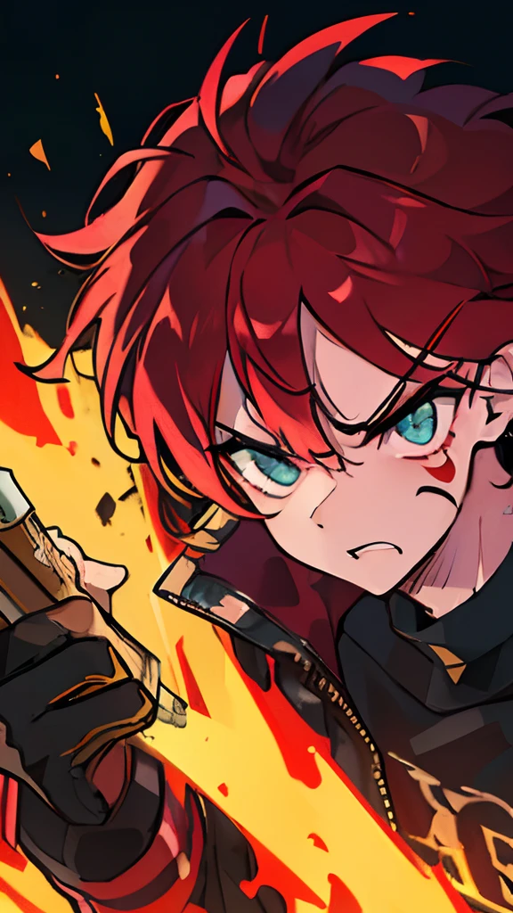 (best quality,4k,8k,highres,masterpiece:1.2),ultra-detailed,(realistic,photorealistic,photo-realistic:1.37),redhaired,angry expression,strong jawline,sharp cheekbones,wild messy hair,bold tattoos on his arms,tough,confident,flashing gold tooth,intense gaze,leather jacket,smoking a cigarette,street graffiti background,dramatic lighting,urban atmosphere,concept artist,colored and vibrant tones.