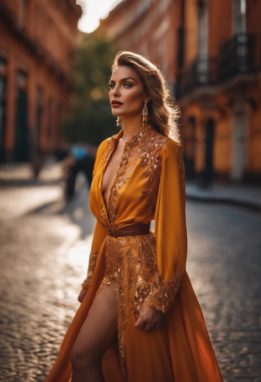 Woman wearing fancy clothes and exposing herself outdoors in the city