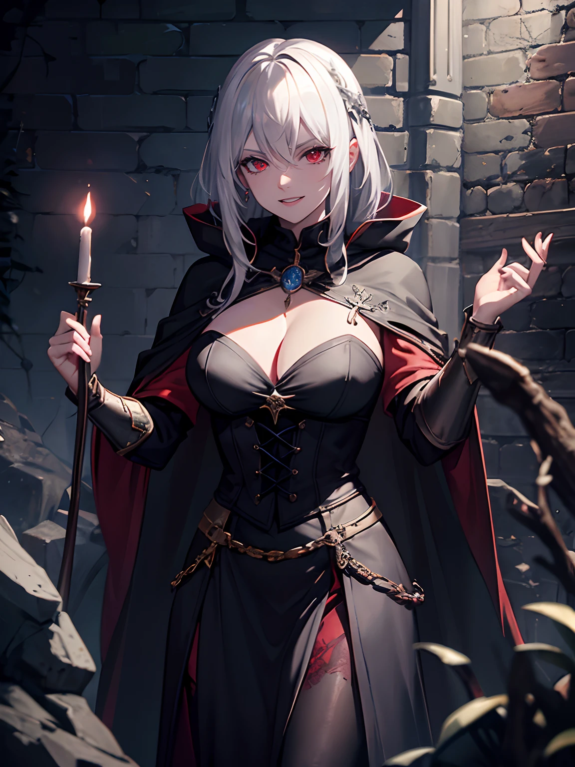 Masterpiece, fantasy world, medieval setting, dungeon, stone brick walls, ice, eldritch, alter, adult woman, evil, witch, red eyes, white hair, medium messy hair, wicked laugh, narrowed eyes, black cloak, jewelry, cleavage, black cape, pose