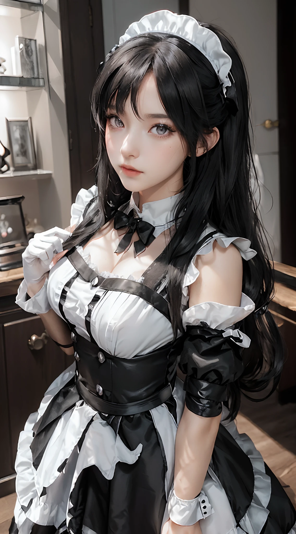 A girl, (black and white maid costume:1.4), Woman in black and white outfit posing for photo, cosplay of a catboy! maiden! Dress, Anime Girl Cosplay, anime girl in a maid costume, The Magnificent Maiden, azur lane style, maid outfit, cosplay photo, cosplay, albedo from overlord, anime cosplay, A Few Cute Poses,Alluring portrait of Tifa Lockhart, Scene from《azur lane》video games