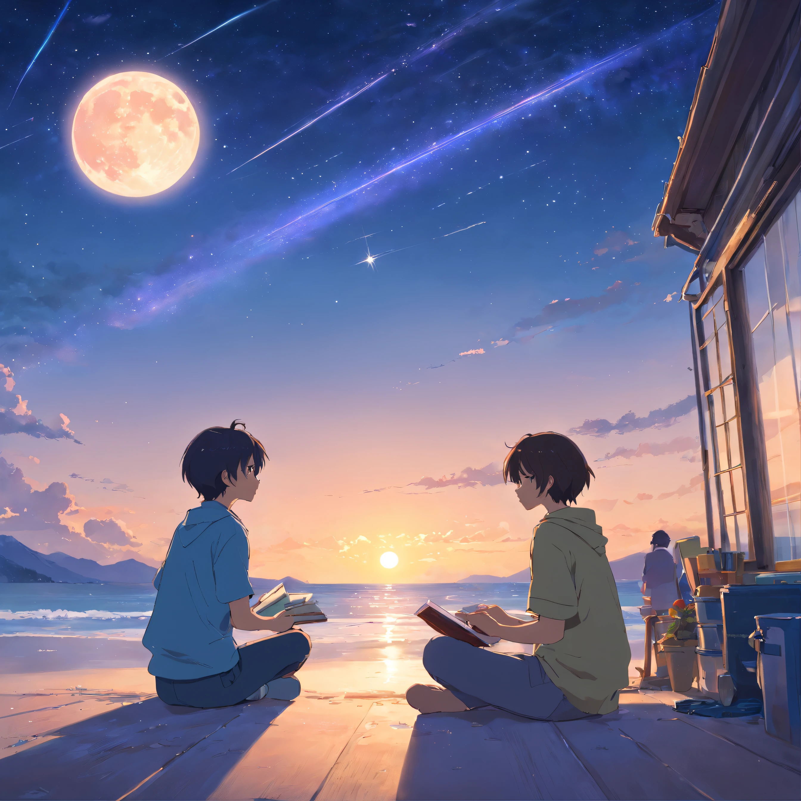 Wallpapers,tmasterpiece,best qualtiy,cinematic Film still from,Boys and girls sit together,Boy doing homework by the window,The girl looked at the starry sky,Look at the sea in front of you,A full moon,autumnal,beachside