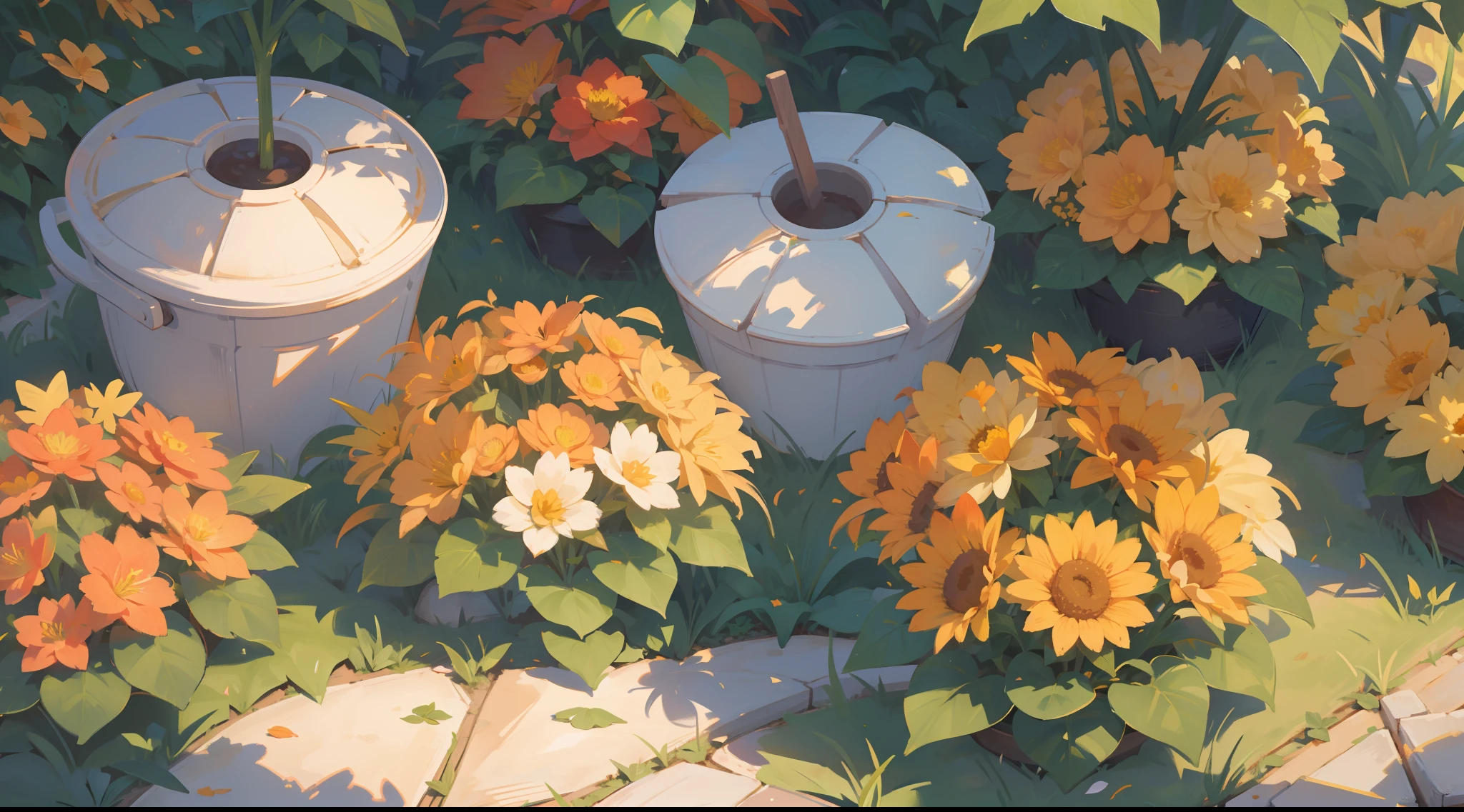 (masterpiece), best quality, ultra high res, sharp focus, warm pastel tone color, warm sunlight, soft shadow, backyard garden, plants, flowers, autumn season, butterflies