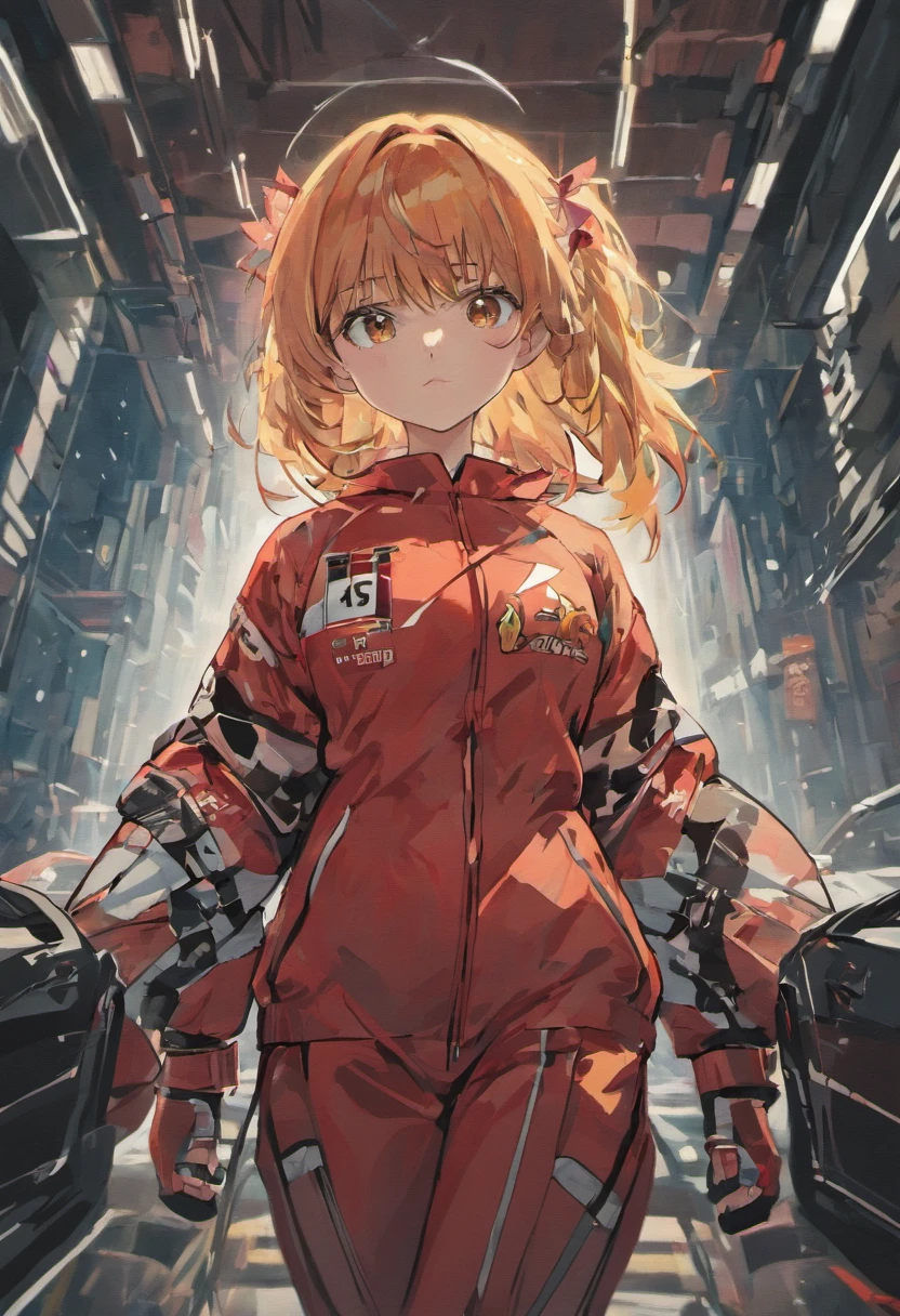 "um Quority(Ferrari 488 GT3 |)Carro de corrida fazendo drift dentro de uma loja de varej,Um sopro de sangue e velocidade。"