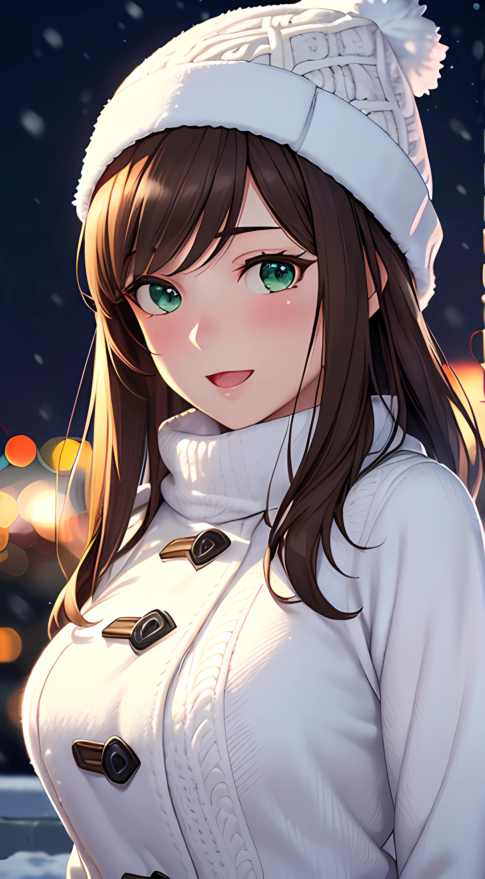 ((masterpiece, best quality, highres, UHD, perfect pixel, depth of field, 4k, RTX, HDR)), 1girl, single, solo, 24 years old, beautiful anime girl, beautiful artstyle, anime character, ((long hair, parted bangs, brown hair)), (green eyes:1.4, rounded eyes, beautiful eyelashes, realistic eyes), (detailed face, blushing:1.2), (smooth texture:0.75, realistic texture:0.65, photorealistic:1.2, cinematic, anime CG style), medium breasts,  perfect body, busty, (dynamic angle, pov, close up), ((winter clothes, long coats, knit hat, mittens, gloves, long underwear)), night, night lamp, city lights, bokeh:1.4, (outdoor, city buildings, crowd), ((winter, snow, snow crystal, winter pine trees)), sly smile, open mouth