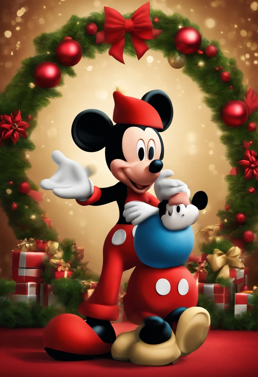 Make a boy with mickey and minnie
They're at a Christmas photo shoot
Disney cartoon type
They are being photographed dressed in Christmas-themed outfits, And they're super happy
Pixar, ....3d, Disney