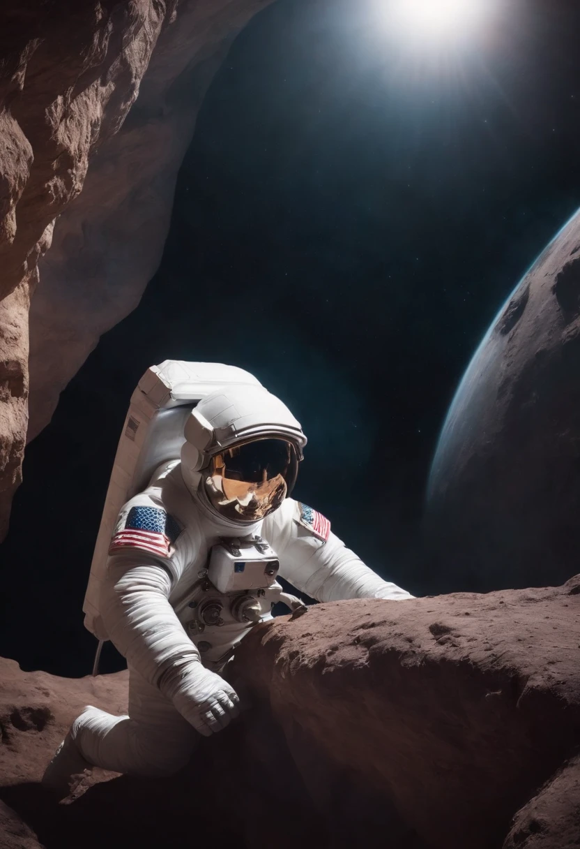 Close-up of astronauts climbing a cave in spacesuits, fully space suited, astronaut lost in liminal space, dusty space suit, Astronaut, astronaut in space, ("Lunar space" Theme）, detailed astronaut, astronaut in space, Spacesuit, Redshift resonance, （Astronauts climbing cliffs in space）, astronaut below, space backround, wear spacesuits, Astronaut Cyberpunk Electric, space