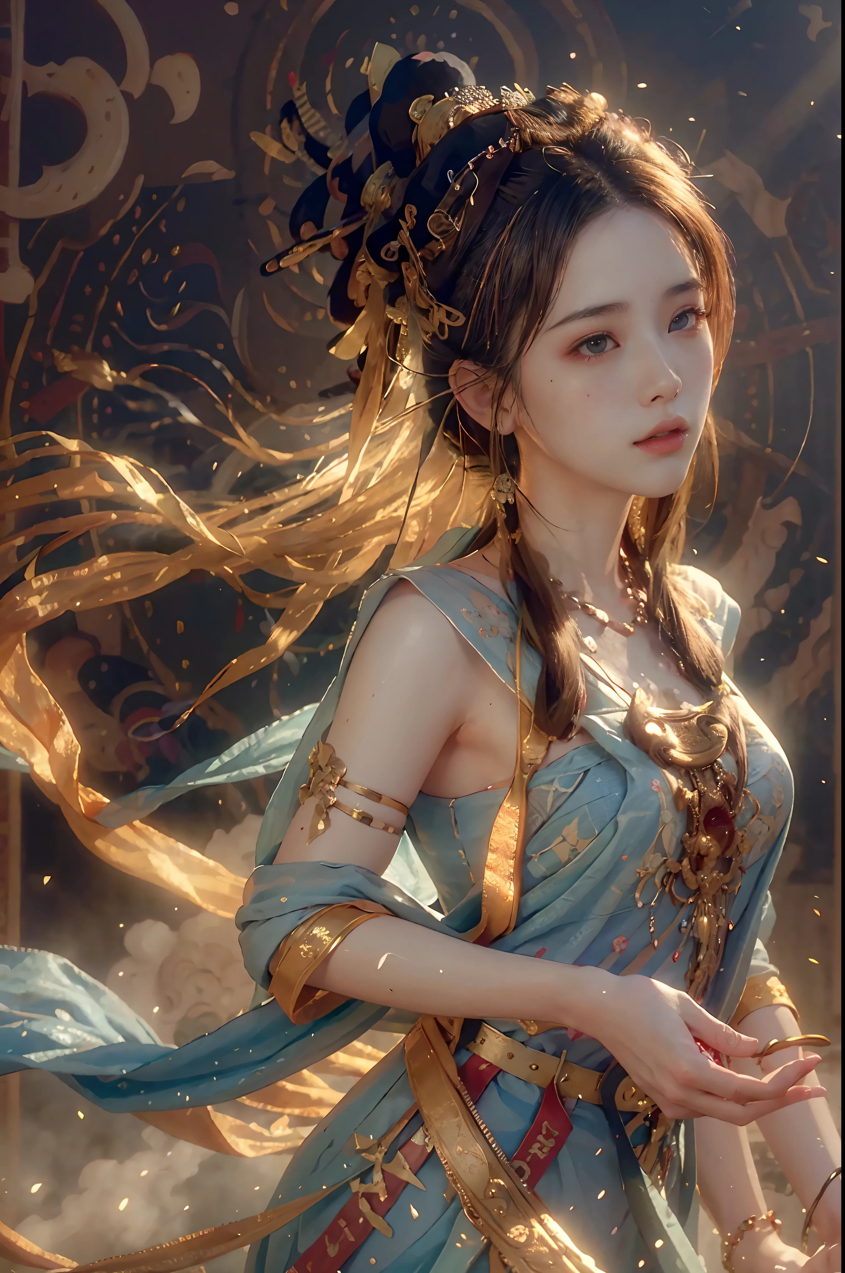 A woman in a blue dress with a long hair and a crown - SeaArt AI