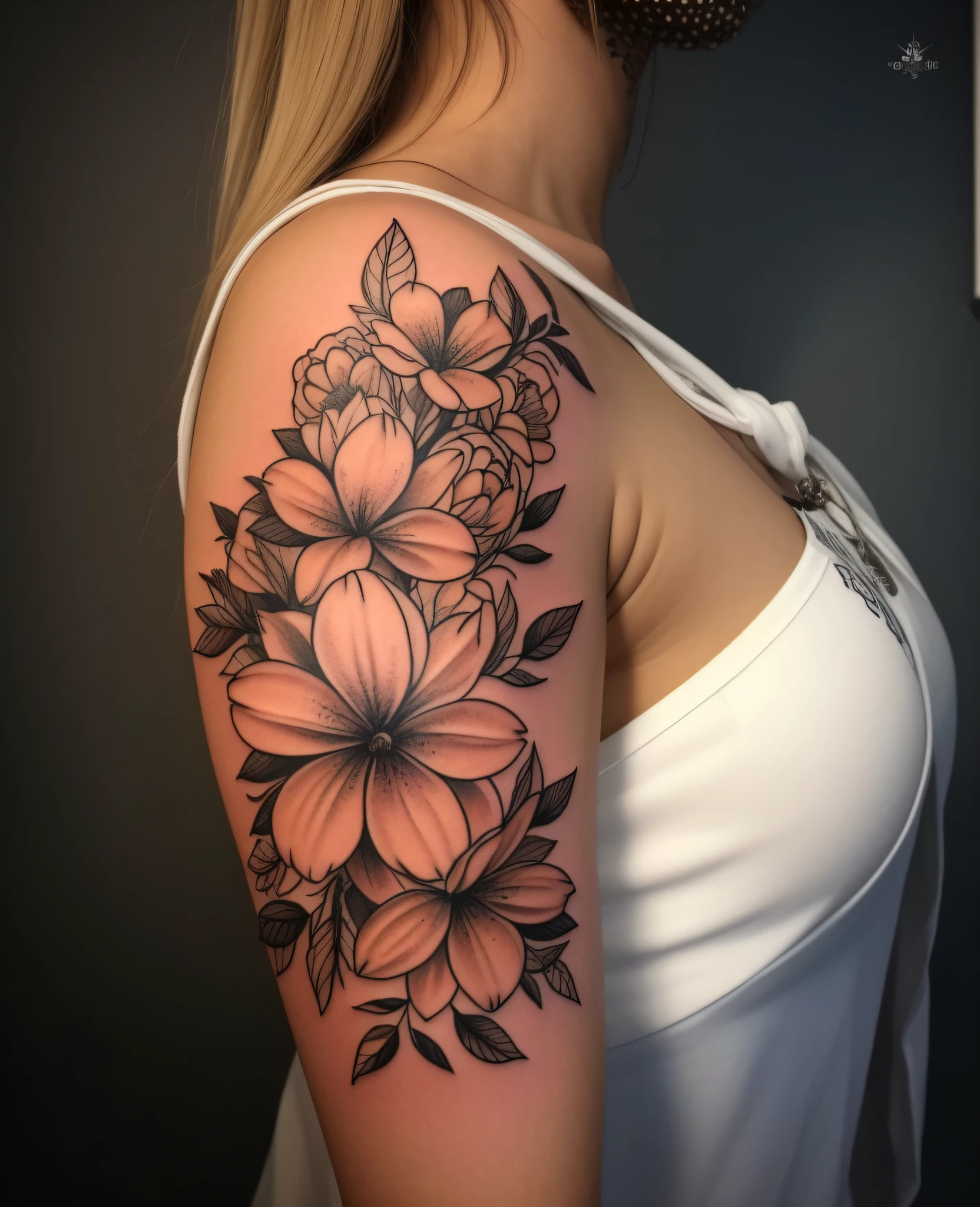 A woman with a flower tattoo on her arm, flores detalhadas, tatuagem no ombro, flores com detalhes intrincados, fotografia de uma tatuagem de manga, tattoo on upper arm, Ultra - realista e intrincado, tatuagem no ombro, altamente realista e intrincado, tatuagens florais, tattoo sleeve on her right arm, linha forte, tatuagem sombreada, down left arm and back, realismo super intrincado