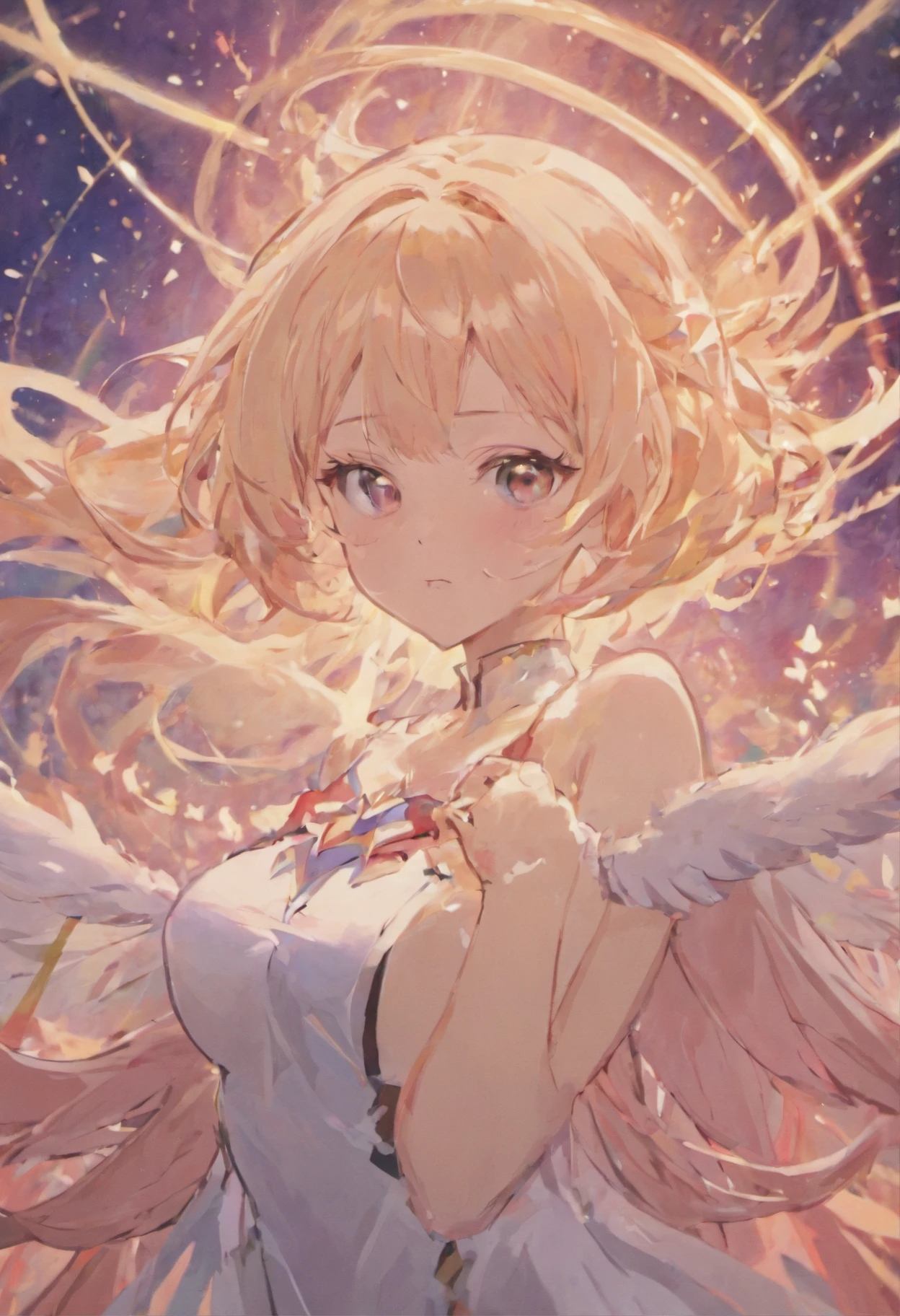 (Complete limbs)(Full Finger)(High resolution), (Very detailed)((masterpiece))((Highest quality))(Blonde)(Becoming an angel and flying in the sky、Falling、sky diving)Twin tails、In the sky、No clothes hanging on my shoulders、 Off the shoulder、Sleeveless、Character Design、Red dress、