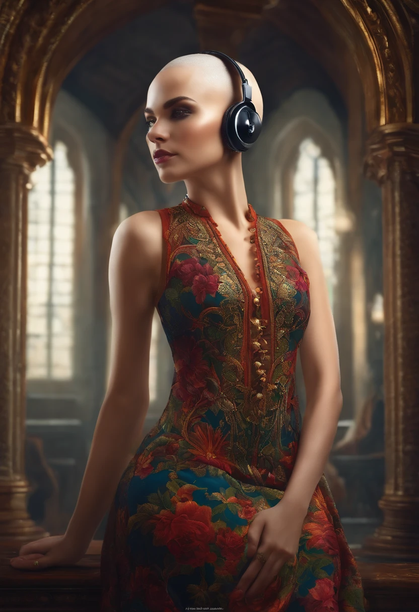 Bald midorya dress with a headphone jack on her head