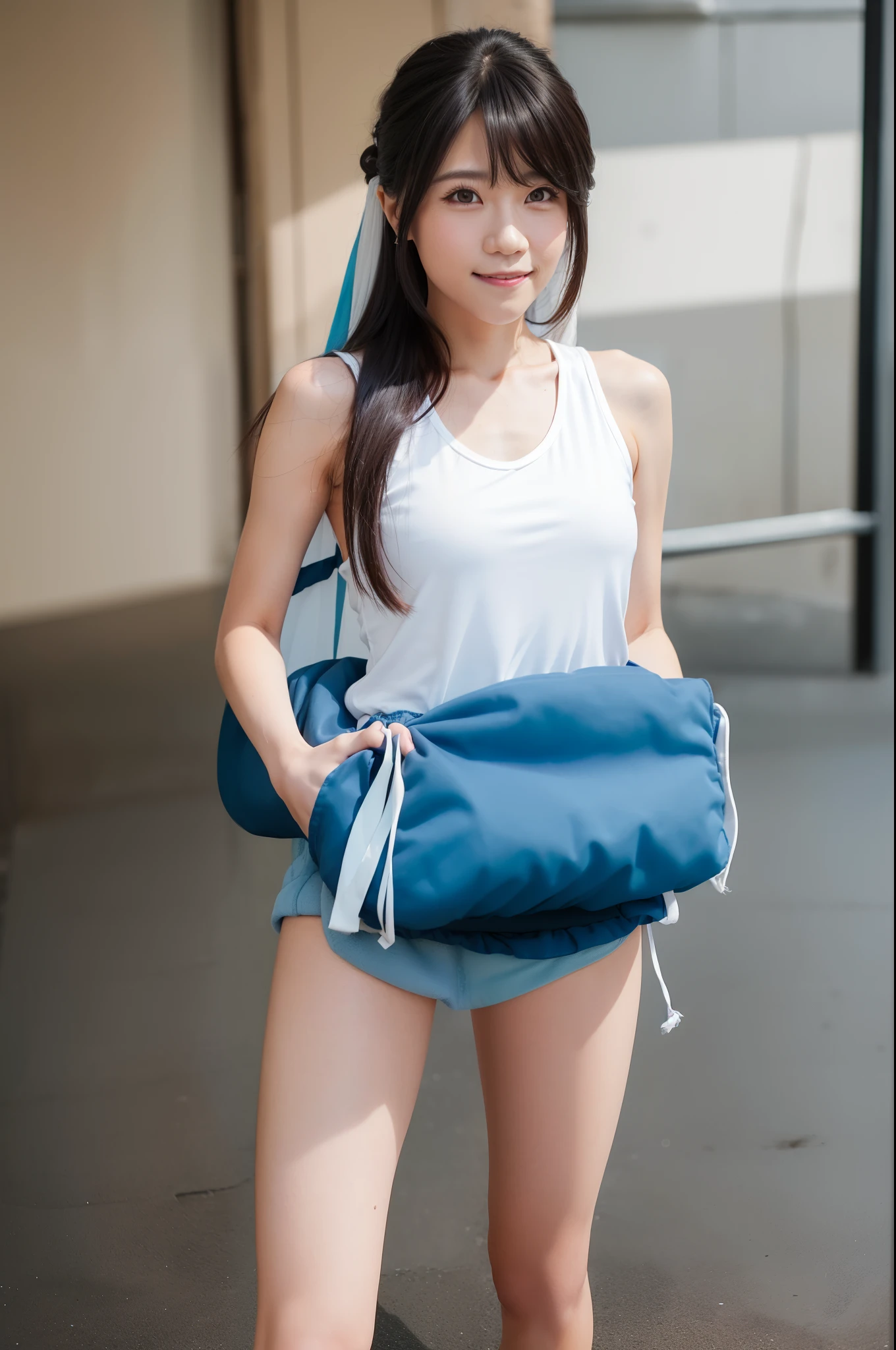 best quality, ultra-high res, (photorealistic:1.4), long hair, bangs, blue short legging, chameltoe, looking_at_viewer. little smile, mini tanktop, high heels, standing Graceful, Smooth lips, glaze eyes, at the wedding, zoom, Cleavage