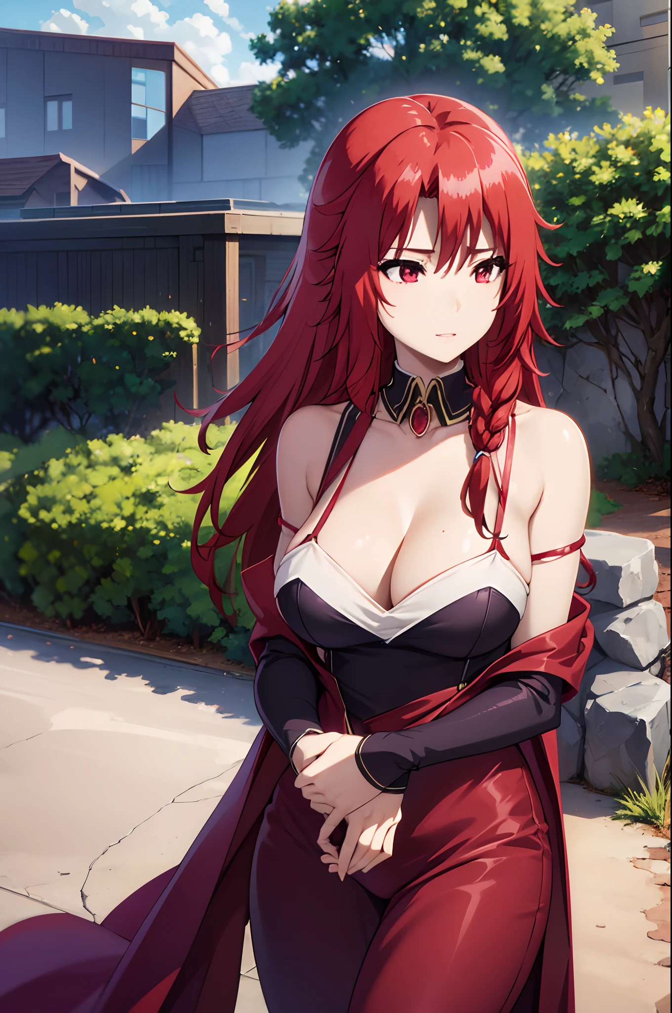 1girll， 独奏，a mature female， Purple slip dress，Off-the-shoulder attire，The shoulder straps slip off，cleavage，Large breasts，Brown pants，exteriors，Lavender flower field， looking at viewert， （Falling petals）， mostly cloudy sky， perfect compositions， Detailed lips，， beauitful face， Body support， Be red in the face， （redish pink lips）， long whitr hair， red eyes， Soft gaze， Sad smile， Super realistic， A detailed， photoshoot， Realistick faces and bodies， photo-realistic hair， photorealistic eye，realistic nose，realistic lips,red hair