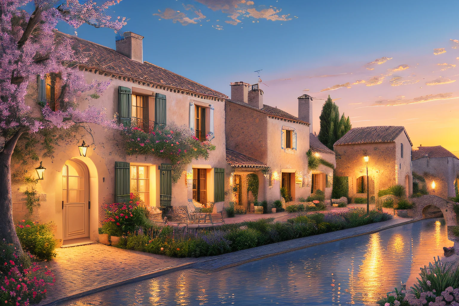 Provencal village, Eau,coucher du soleil,fleurs(Highly detailed CG Unit 8k wallpaper), The most beautiful work of art in the world, Professional majestic oil painting, complexe, High detail, mise au point nette, dramatique, Art of photorealist painting,