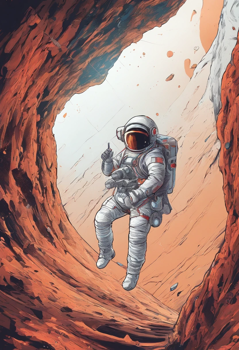 Close-up of astronaut climbing a cave in a spacesuit, fully space suited, astronaut lost in liminal space, dusty space suit, Astronaut, astronaut in space, ("Lunar space" Theme), detailed astronaut, astronaut in space, Spacesuit, Redshift resonance, (Astronauts climbing cliffs in space), astronaut below, space backround, wear spacesuits, Astronaut Cyberpunk Electric, space