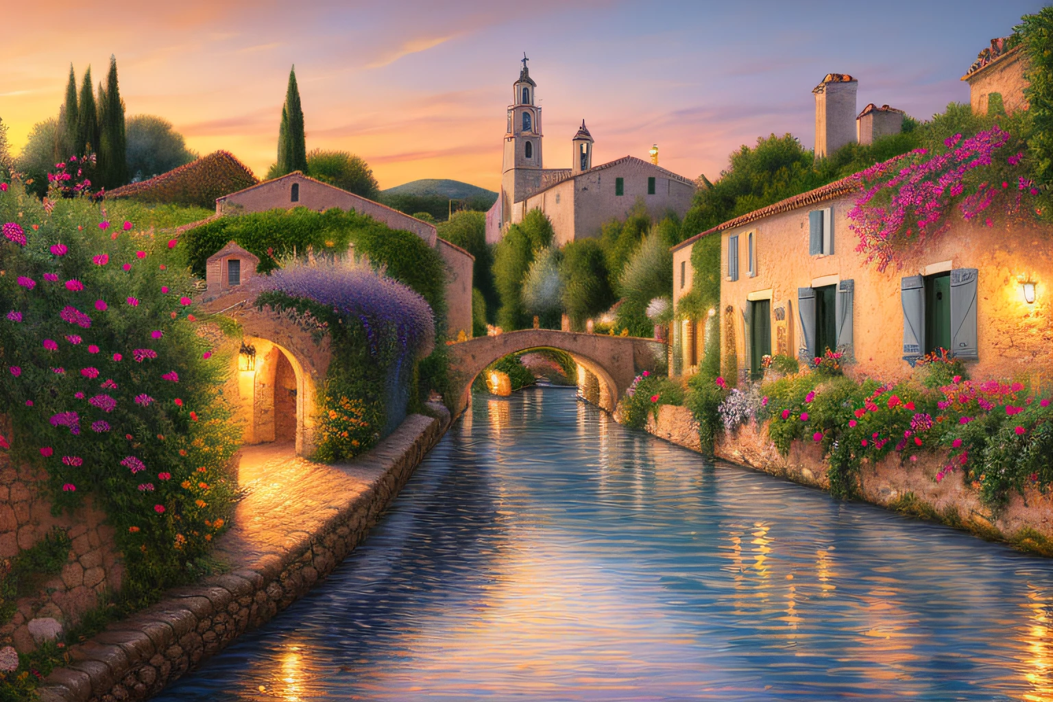 Provencal village, Eau,coucher du soleil,fleurs(Highly detailed CG Unit 8k wallpaper), The most beautiful work of art in the world, Professional majestic oil painting, complexe, High detail, mise au point nette, dramatique, Art of photorealist painting,