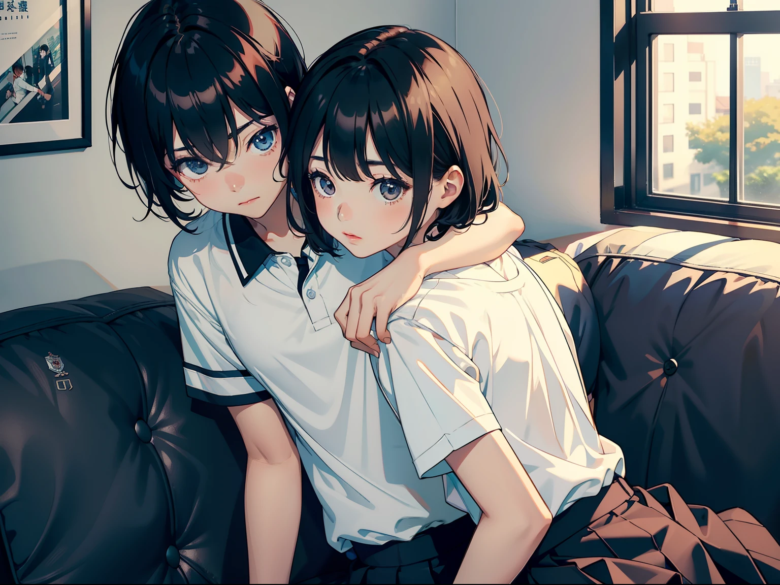 top-quality tmasterpiece one-girl , Two boy, The girl sits in a chair,Wear tight skirts and shirts。The boys hugged each other from behind。Boy in high school trouser uniform,The hairstyle is cut for mashed potatoes。Without glasses、Revenge relationship