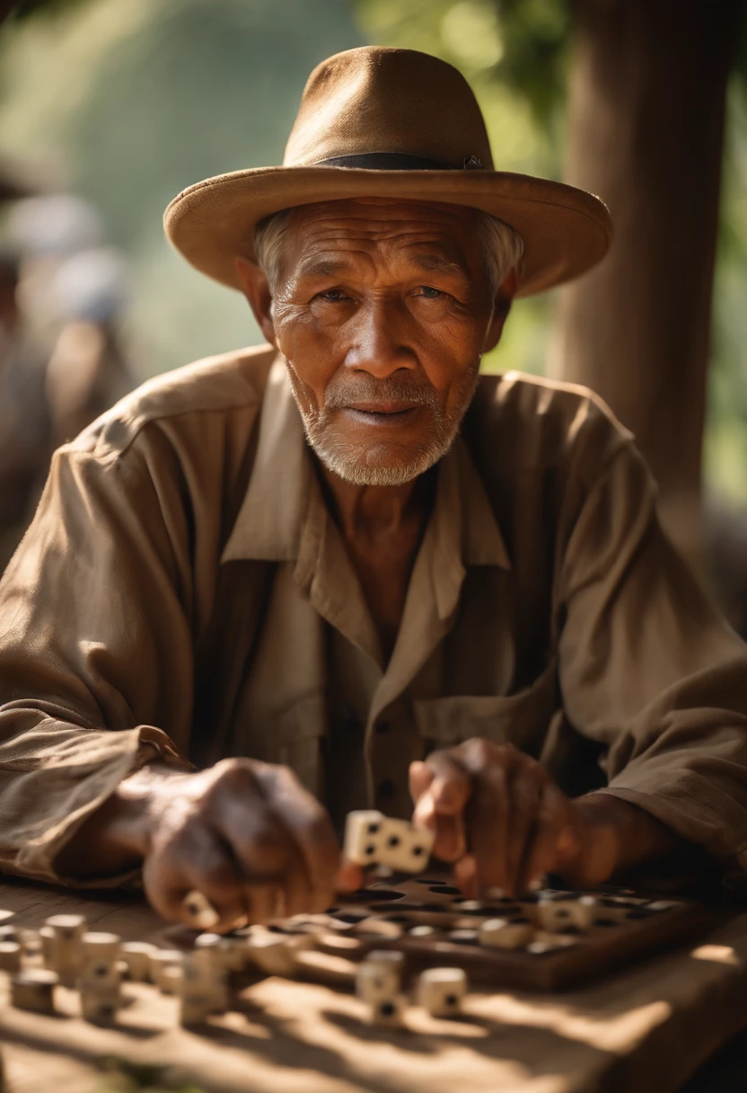 (best quality,4k,8k,highres,masterpiece:1.2),ultra-detailed,(realistic,photorealistic,photo-realistic:1.37),old man,playing domino,aged appearance,wrinkles,detailed hands,traditional Indonesian hat,traditional Indonesian clothes,concentrated expression,experienced face,weathered complexion,outdoor scene,shaded background,texture of wooden table,vibrant colors,portrait style,subtle lighting