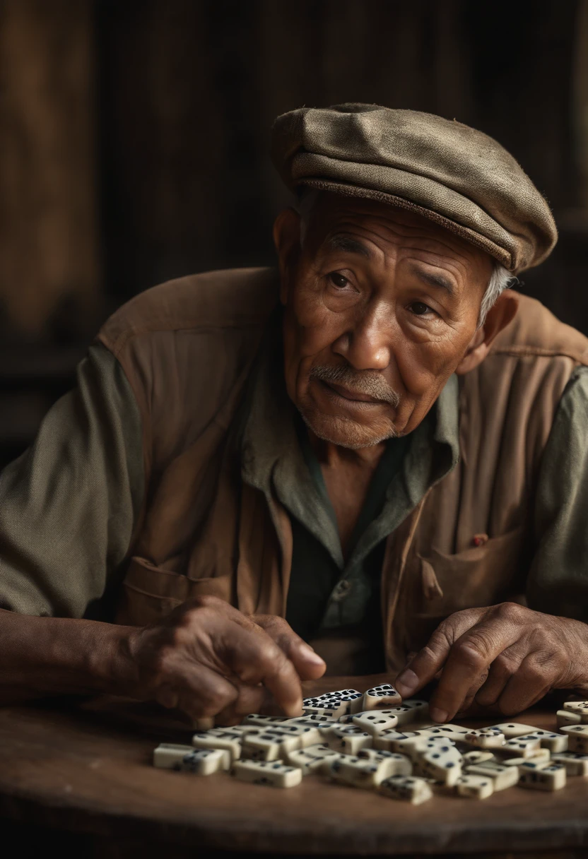 (best quality,4k,8k,highres,masterpiece:1.2),ultra-detailed,(realistic,photorealistic,photo-realistic:1.37),old man,playing domino,aged appearance,wrinkles,detailed hands,traditional Indonesian hat,traditional Indonesian clothes,concentrated expression,experienced face,weathered complexion,outdoor scene,shaded background,texture of wooden table,vibrant colors,portrait style,subtle lighting