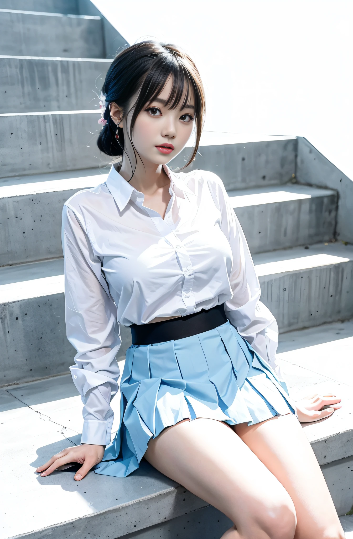 top-quality,ultra-definition,accurate depiction,realisitic,a picture,japanes,goddess of Japan,kawaii,smil,(Perfect body,flawless skin),(Light blue shirt,hotpants)(((skirt lift by yourself))),(lifted by self),(Showing panties),panties on,panties focus,large full breasts,hposing Gravure Idol,Young Sensual Gravure Idol,A slender,(Concrete staircase,sitting on stairs),Brightness is dark,natta,Crafted background,ruins,masutepiece
