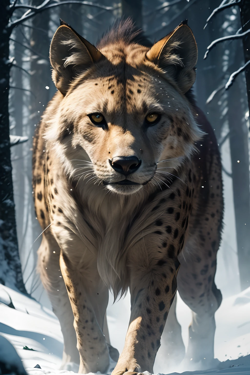 ((Film grain, bokeh, light particles ,Dust, Extreme camera angle)), hyena, Leader of the Pack, Alpha male, fur, A Proud Position, piercing eyes, Majestic presence, A sense of power, desert, Moon Forest, howling, Packaging dynamics, unity, fidelity, predominance, intense gaze, Ferocious and fearless, Strong and muscular, Protective Instincts,,,,,,, predator, camo, Natural Habitat, Winter landscape, snowy terrain, Silent footsteps, Imperceptible movements, Symphony of Nature, Indomitable Beauty, An Unattached Spirit, Wild & free, wildlife, Ancient Wisdom, Primal Instincts, Leader of the Pack, mysterious aura, Presence in the team, Domination in Nature, Strength in Unity, Survival of the fittest, Embodiment of the power of nature, Fearlessness in the face of adversity, Indomitable Will, Harmonious coexistence, Fierce Devotion, A Connection to Wildlife, Forest Keeper, Lord of the Night. (Best Quality,4k,8K,hight resolution,Masterpiece:1.2),Ultra-detailed,(Realistic,Photorealistic,photo-realistic:1.37), Mesmerizing lighting, bright colours, surrealistic atmosphere.