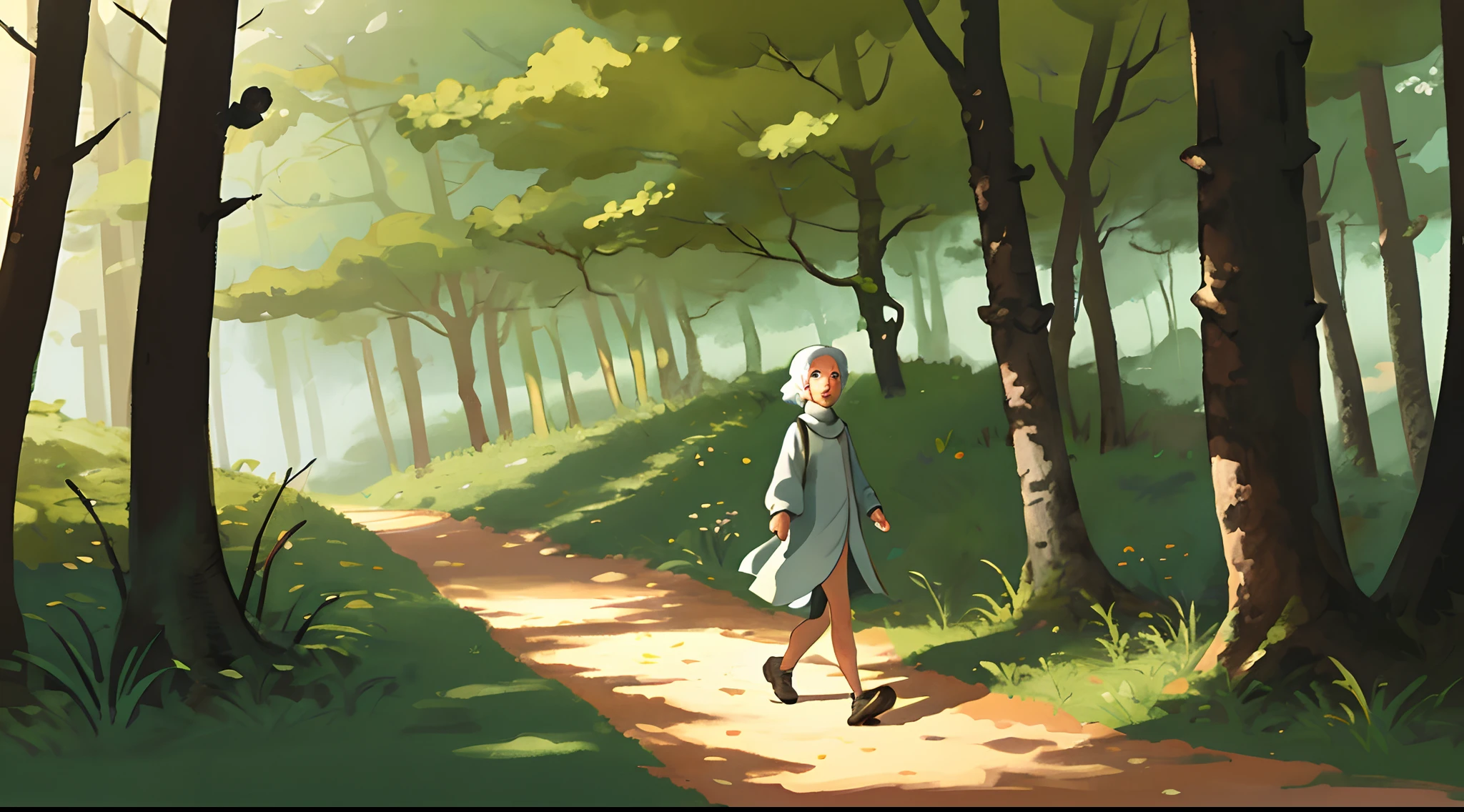 Cartoon illustration  .A girl walking through the forest to visit her grandmother