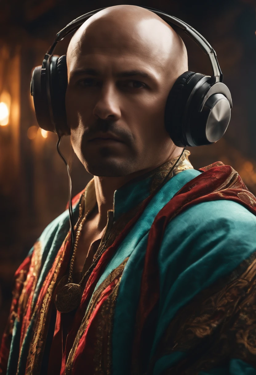 A bald man dressed as Midorya with headphone on his head
