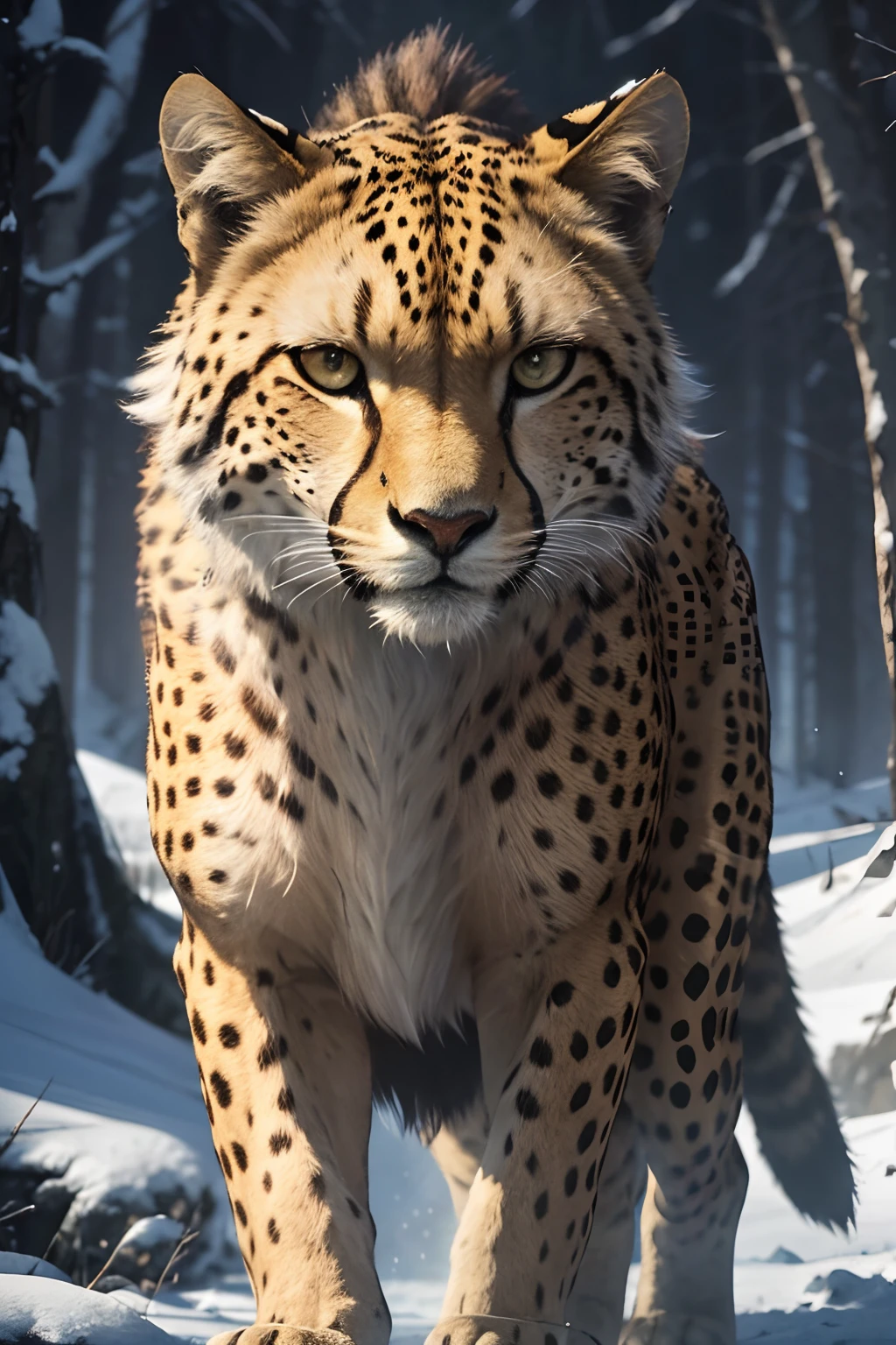 ((Film grain, bokeh, light particles ,Dust, Extreme camera angle)), cheetah, Leader of the Pack, Alpha male, fur, A Proud Position, piercing eyes, Majestic presence, A sense of power, desert, Moon Forest, howling, Packaging dynamics, unity, fidelity, predominance, intense gaze, Ferocious and fearless, Strong and muscular, Protective Instincts,,,,,,,, predator, camo, Natural Habitat, Winter landscape, snowy terrain, Silent Steps, Imperceptible movements, Symphony of Nature, Indomitable Beauty, An Unattached Spirit, Wild & free, wildlife, Ancient Wisdom, Primal Instincts, Leader of the Pack, mysterious aura, Presence in the team, Domination in Nature, Strength in Unity, Survival of the fittest, Embodiment of the power of nature, Fearlessness in the face of adversity, Indomitable Will, Harmonious coexistence, Fierce Devotion, A Connection to Wildlife, Forest Keeper, Lord of the Night. (Best Quality,4k,8K,hight resolution,Masterpiece:1.2),Ultra-detailed,(Realistic,Photorealistic,photo-realistic:1.37), Mesmerizing lighting, bright colours, surrealistic atmosphere.