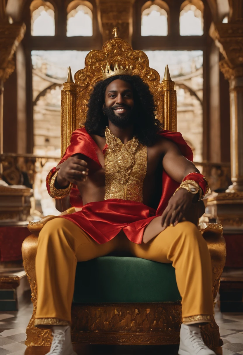 A high-quality, realistic image of a dark-skinned king wearing a golden crown and a red cape, sitting on a golden throne. He is wearing a pair of white Fila sneakers and is eating a Whopper from Burger King.

The king has black, curly hair and a full beard. He has a proud smile on his face.

The throne is located in a luxurious palace. The floor is made of marble and the walls are decorated with gold.

The background of the image is a medieval city. There are castles, towers, and churches in the distance.

The image is lit by natural light. The sun shines through the palace windows, creating a light and shadow effect.

The image is colorful and vibrant. The shades of gold, red, and white stand out.

The image conveys a message of power, wealth, and indulgence.

Here is an alternative version of the prompt:

A dark-skinned king wearing a golden crown and a red cape, sitting on a golden throne. He is wearing a pair of white Fila sneakers and is eating a Whopper from Burger King.

The king is surrounded by his subjects, who are all wearing Fila clothing. They are smiling and eating burgers from Burger King.

The throne is located in a green field. There are trees and flowers around.

The background of the image is a clear blue sky.

The image is lit by sunlight.

The image conveys a message of inclusion and diversity.