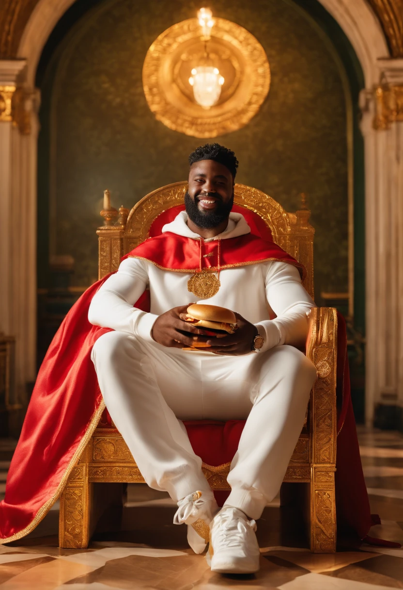 A high-quality, realistic image of a dark-skinned king wearing a golden crown and a red cape, sitting on a golden throne. He is wearing a pair of white Fila sneakers and is eating a Whopper from Burger King.

The king has black, curly hair and a full beard. He has a proud smile on his face.

The throne is located in a luxurious palace. The floor is made of marble and the walls are decorated with gold.

The background of the image is a medieval city. There are castles, towers, and churches in the distance.

The image is lit by natural light. The sun shines through the palace windows, creating a light and shadow effect.

The image is colorful and vibrant. The shades of gold, red, and white stand out.

The image conveys a message of power, wealth, and indulgence.

Here is an alternative version of the prompt:

A dark-skinned king wearing a golden crown and a red cape, sitting on a golden throne. He is wearing a pair of white Fila sneakers and is eating a Whopper from Burger King.

The king is surrounded by his subjects, who are all wearing Fila clothing. They are smiling and eating burgers from Burger King.

The throne is located in a green field. There are trees and flowers around.

The background of the image is a clear blue sky.

The image is lit by sunlight.

The image conveys a message of inclusion and diversity.