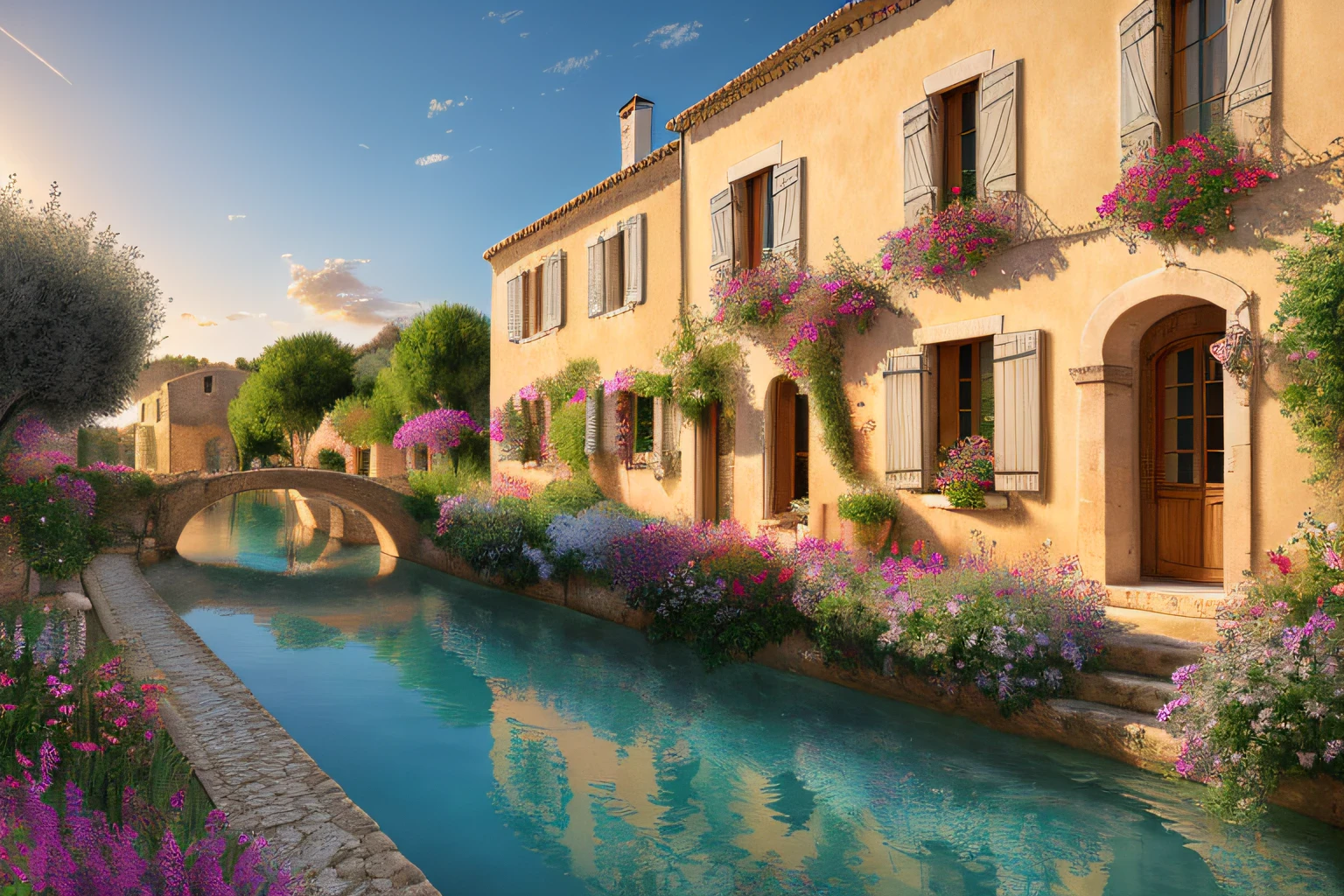 Provencal village, Eau,coucher du soleil,fleurs(Highly detailed CG Unit 8k wallpaper), The most beautiful work of art in the world, Professional majestic oil painting, complexe, High detail, mise au point nette, dramatique, Art of photorealist painting,