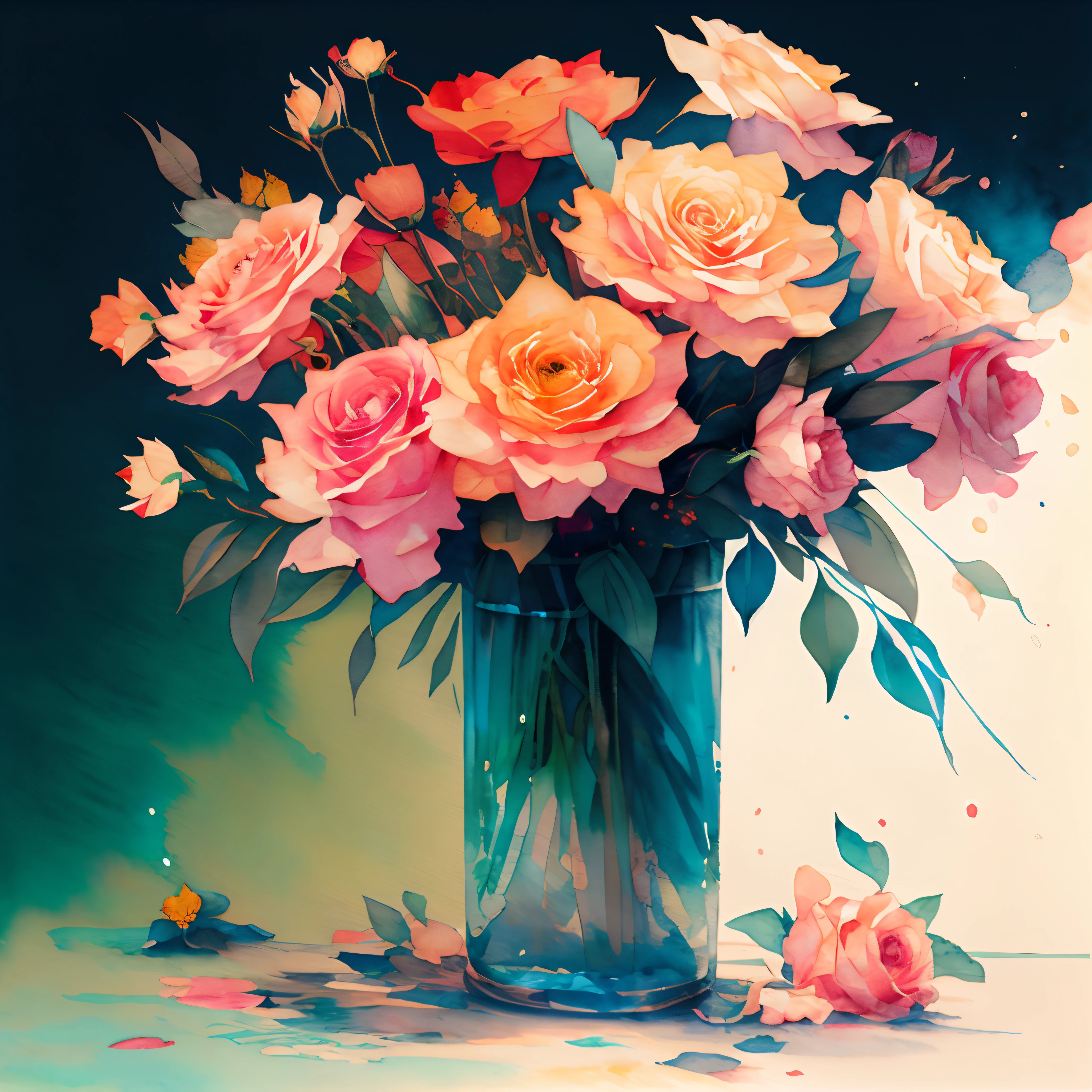 wtrcolor style, Digital art of one vase with flowers, mainly roses, use a high variety of flowers, a lot of different flowers, official art, masterpiece, Beautiful, ((watercolor)), paint splatter, intricate details. Highly detailed, detailed, [dripping:0.5], Trending on artstation, by Rachel Walker, looking like a real painting, centered