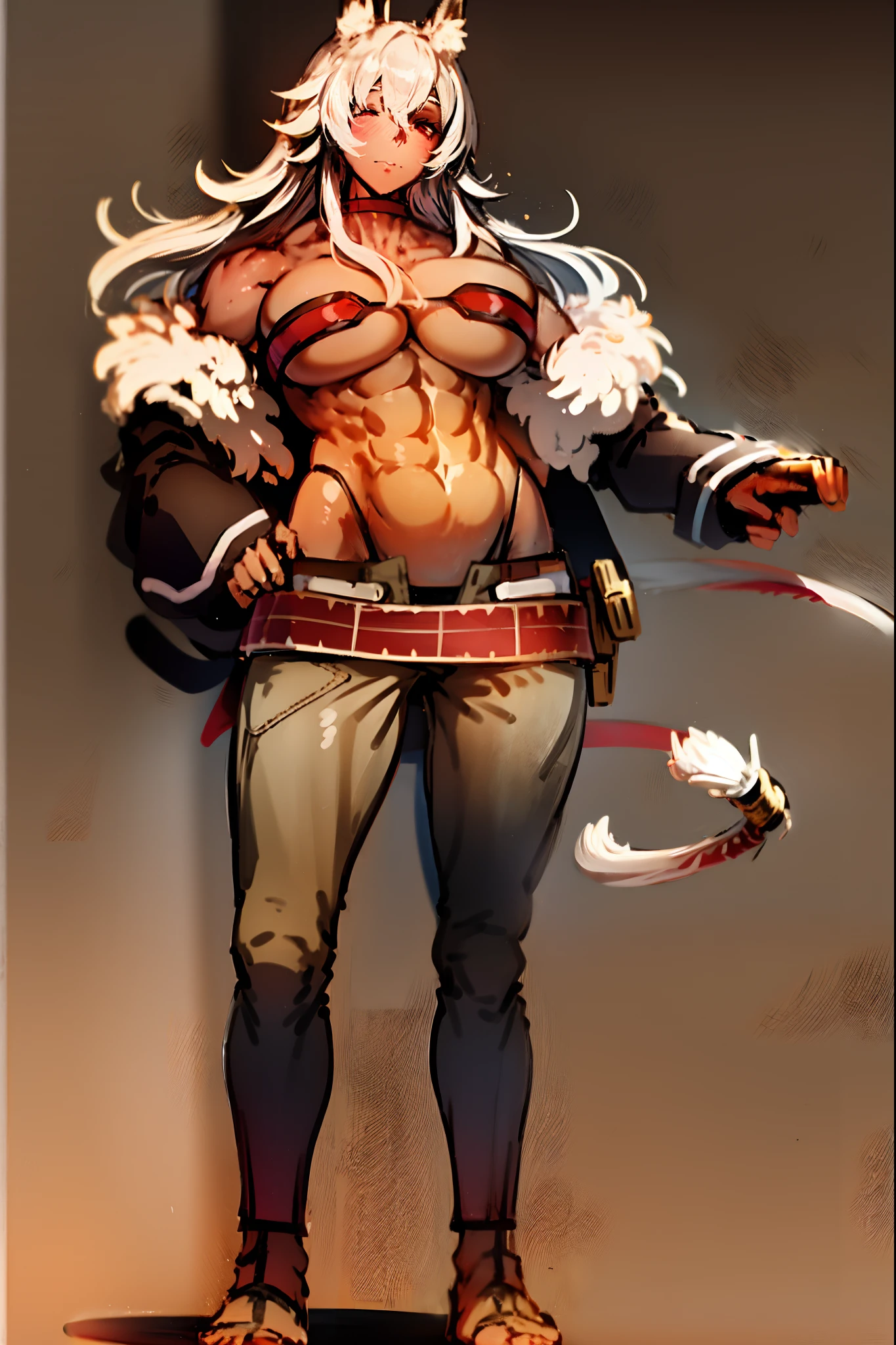 ghislaine dedoldia, animal ears, choker, fur trim, large breasts, abs, muscular woman, white hair, standing, saber holding, fulll body, boots smily , pants, flipflops,standing